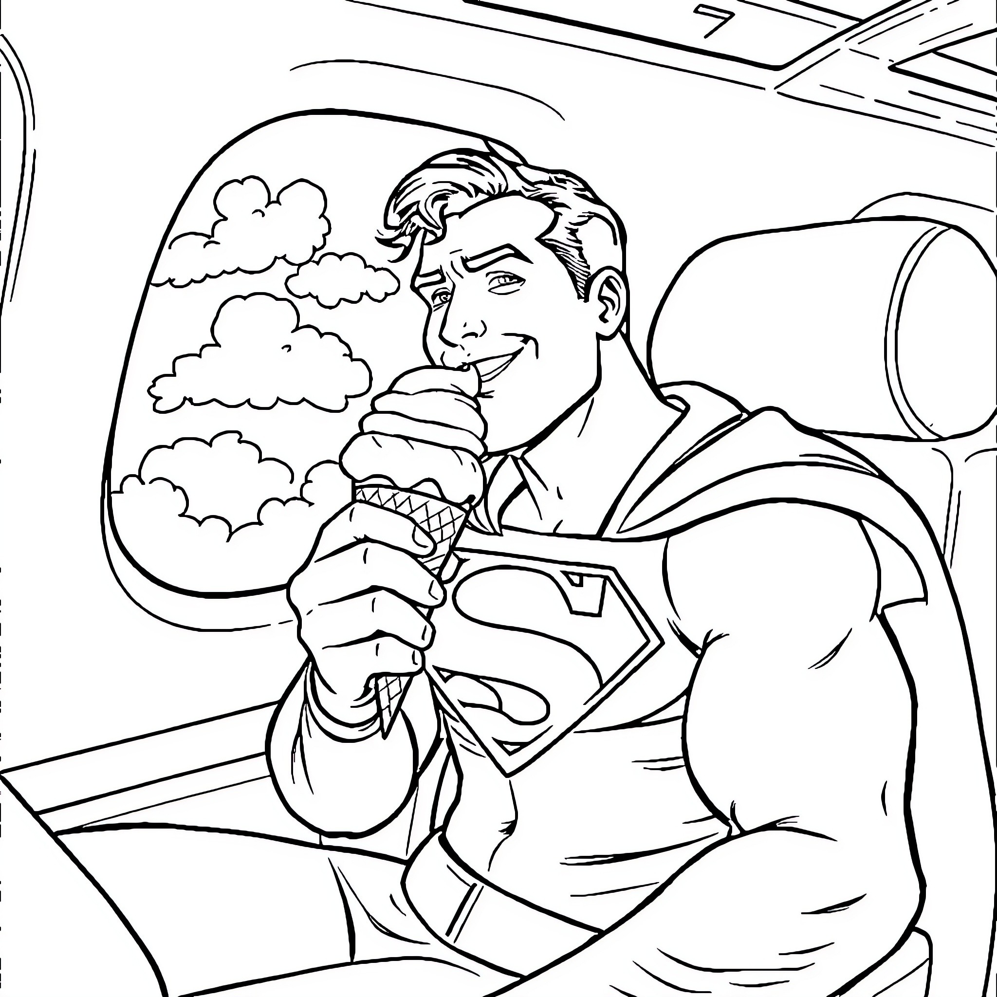 Superman soaring through the skies with confidence Coloring Page (free black-and-white line drawing printable PDF for all, from beginners to advanced learners, including children, teens, adults, and seniors)