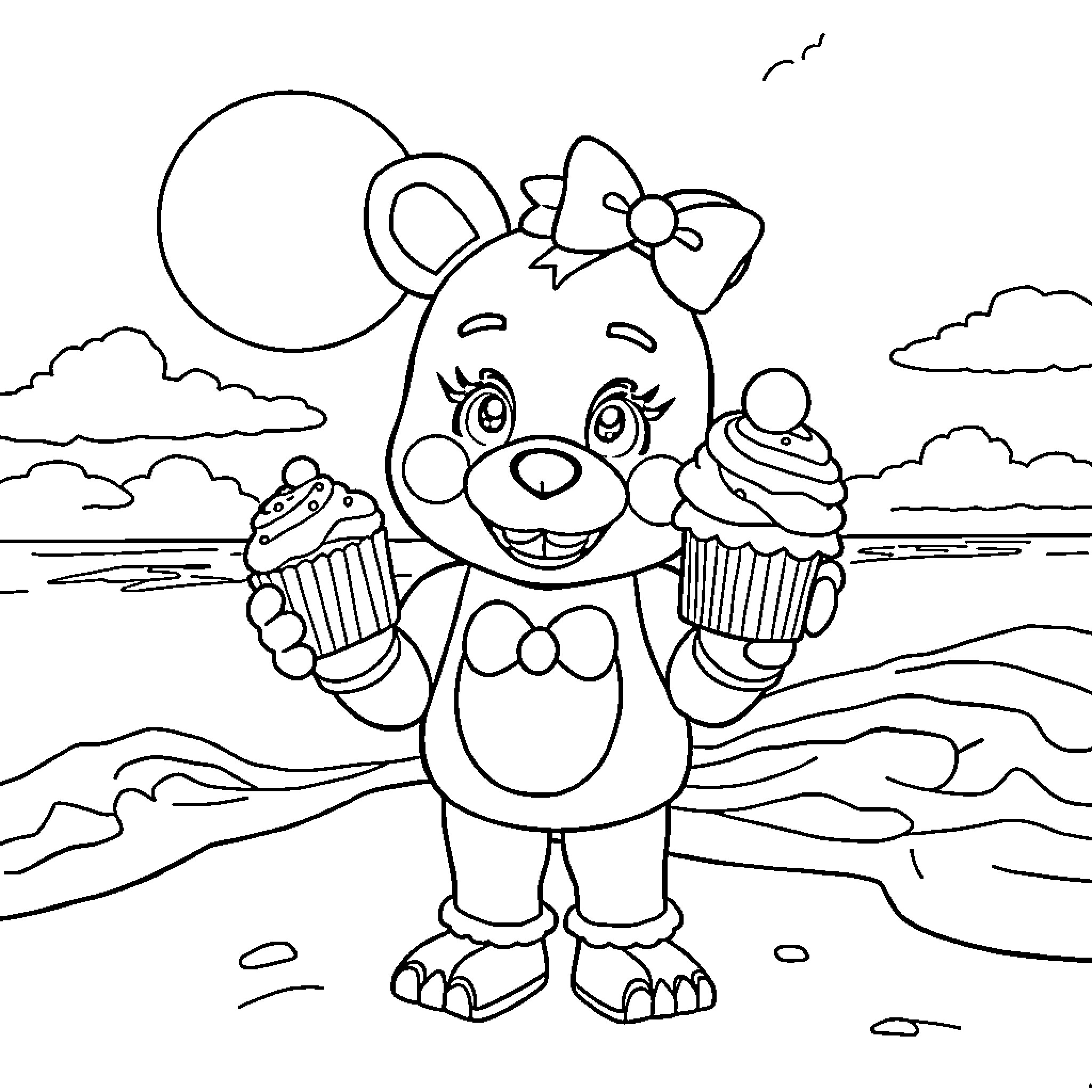 Chica holding cupcakes on the beach Coloring Page (free black-and-white line drawing printable PDF for all, from beginners to advanced learners, including children, teens, adults, and seniors)