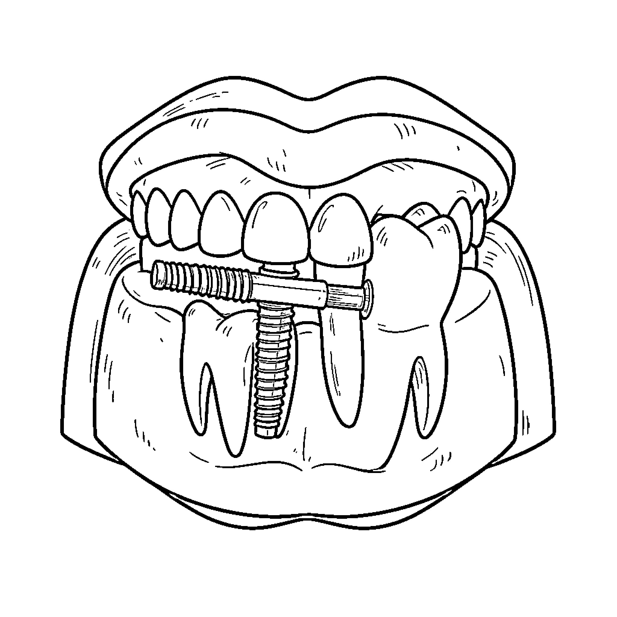 Dental Implant Procedure in Progress Coloring Page (free black-and-white line drawing printable PDF for all, from beginners to advanced learners, including children, teens, adults, and seniors)