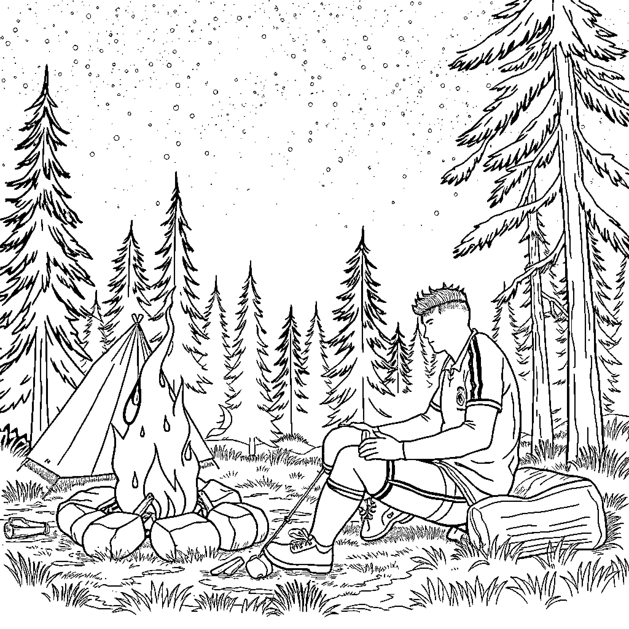 Ronaldo camping in the snowy forest Coloring Page (free black-and-white line drawing printable PDF for all, from beginners to advanced learners, including children, teens, adults, and seniors)
