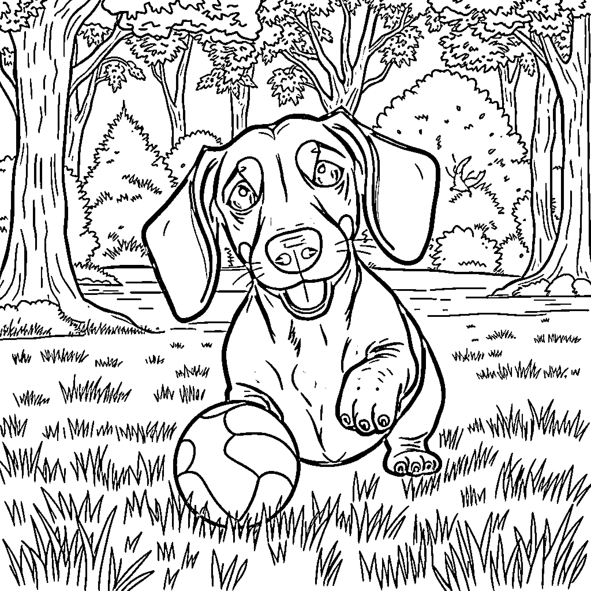 Dachshund playing joyfully in the forest Coloring Page (free black-and-white line drawing printable PDF for all, from beginners to advanced learners, including children, teens, adults, and seniors)