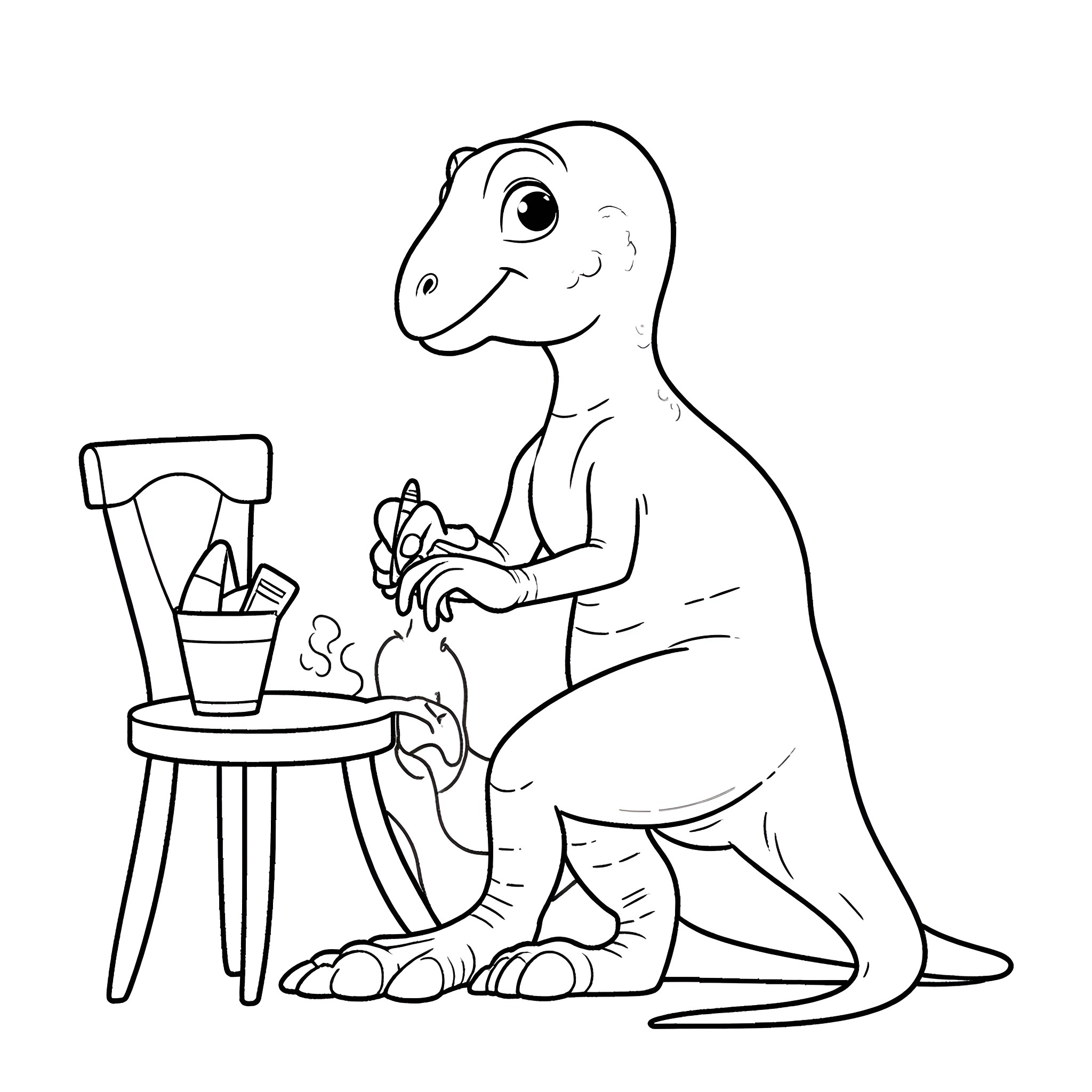 T-Rex drawing at a desk with art supplies Coloring Page (free black-and-white line drawing printable PDF for all, from beginners to advanced learners, including children, teens, adults, and seniors)