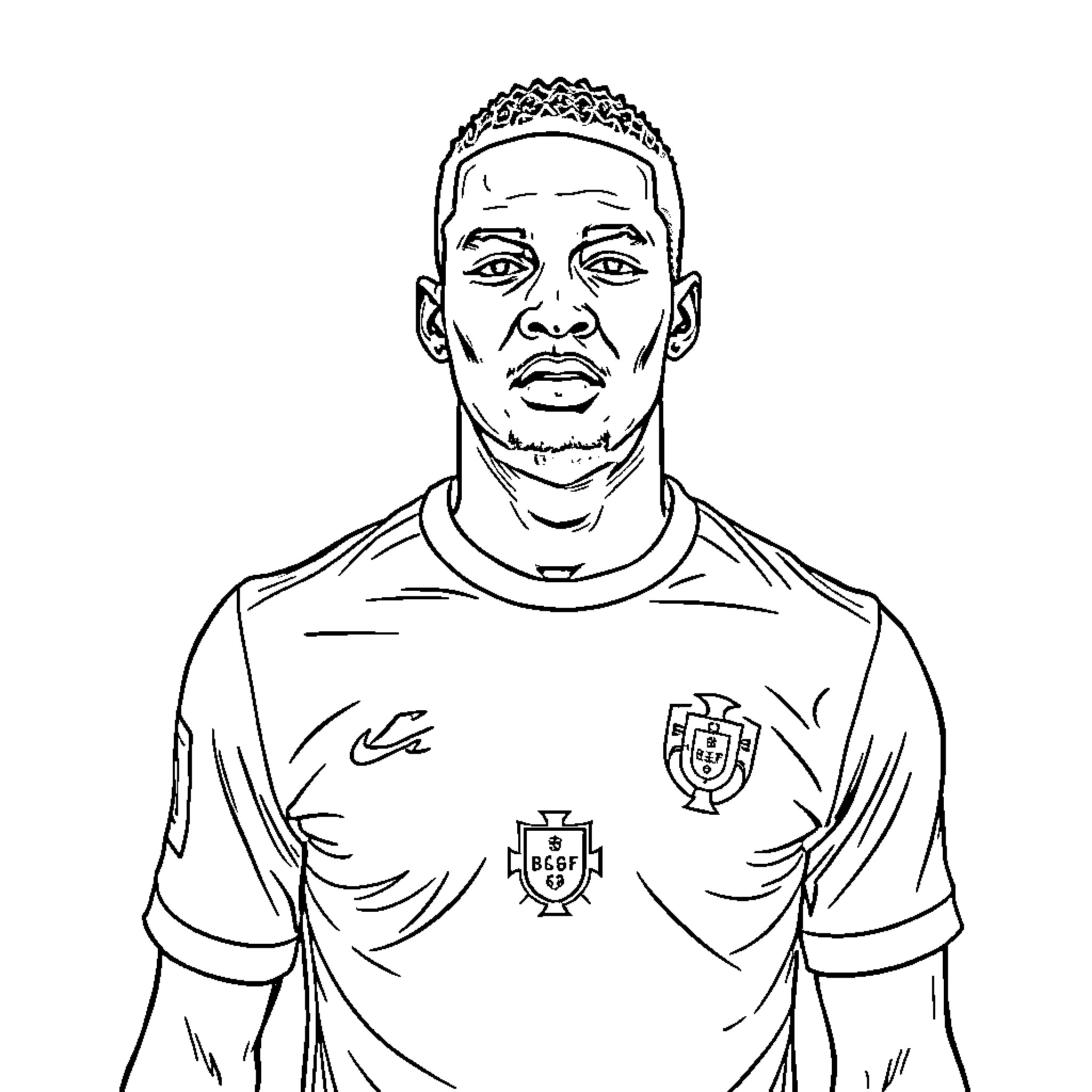 Mbappe in action, sporting national team jersey Coloring Page (free black-and-white line drawing printable PDF for all, from beginners to advanced learners, including children, teens, adults, and seniors)