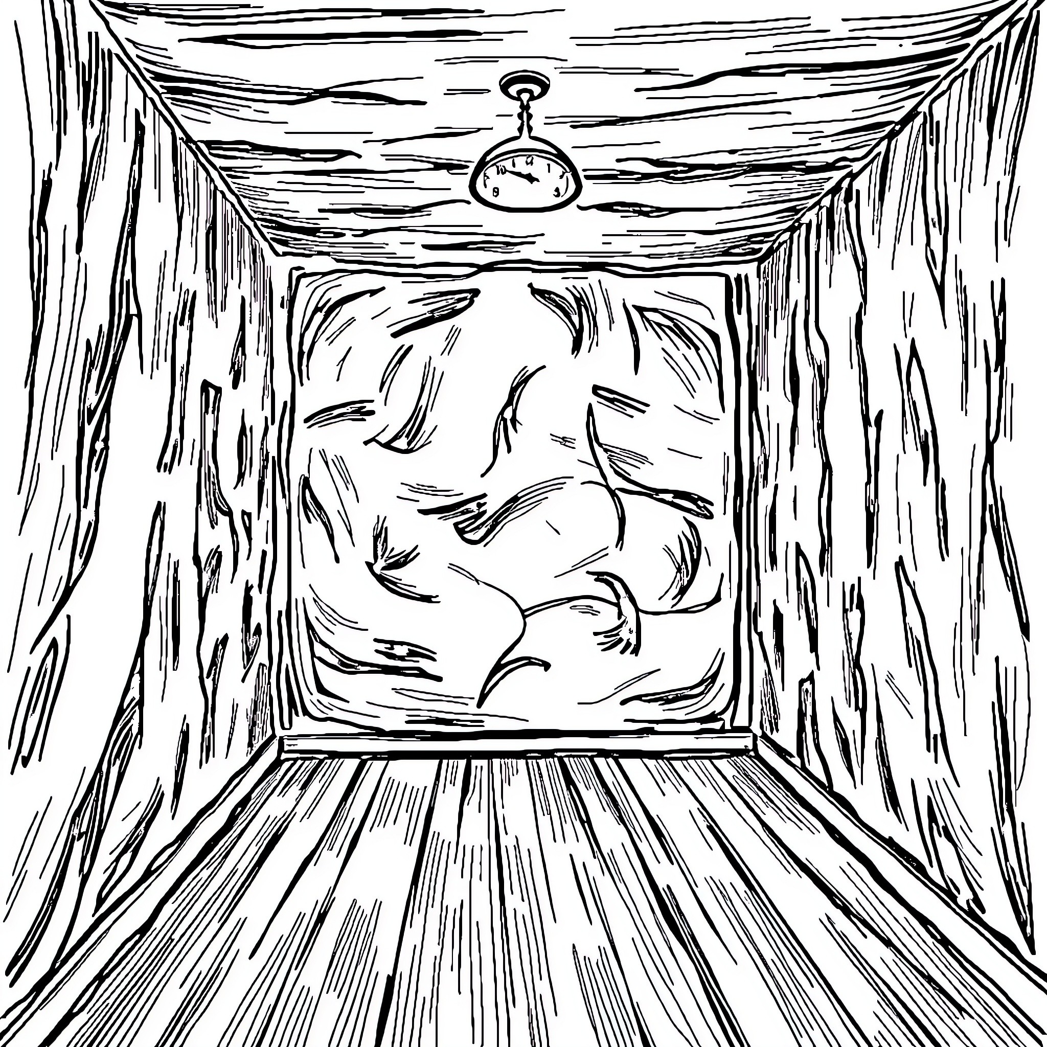 Dark Mysterious Hallway with Unsettling Shadow Coloring Page (free black-and-white line drawing printable PDF for all, from beginners to advanced learners, including children, teens, adults, and seniors)
