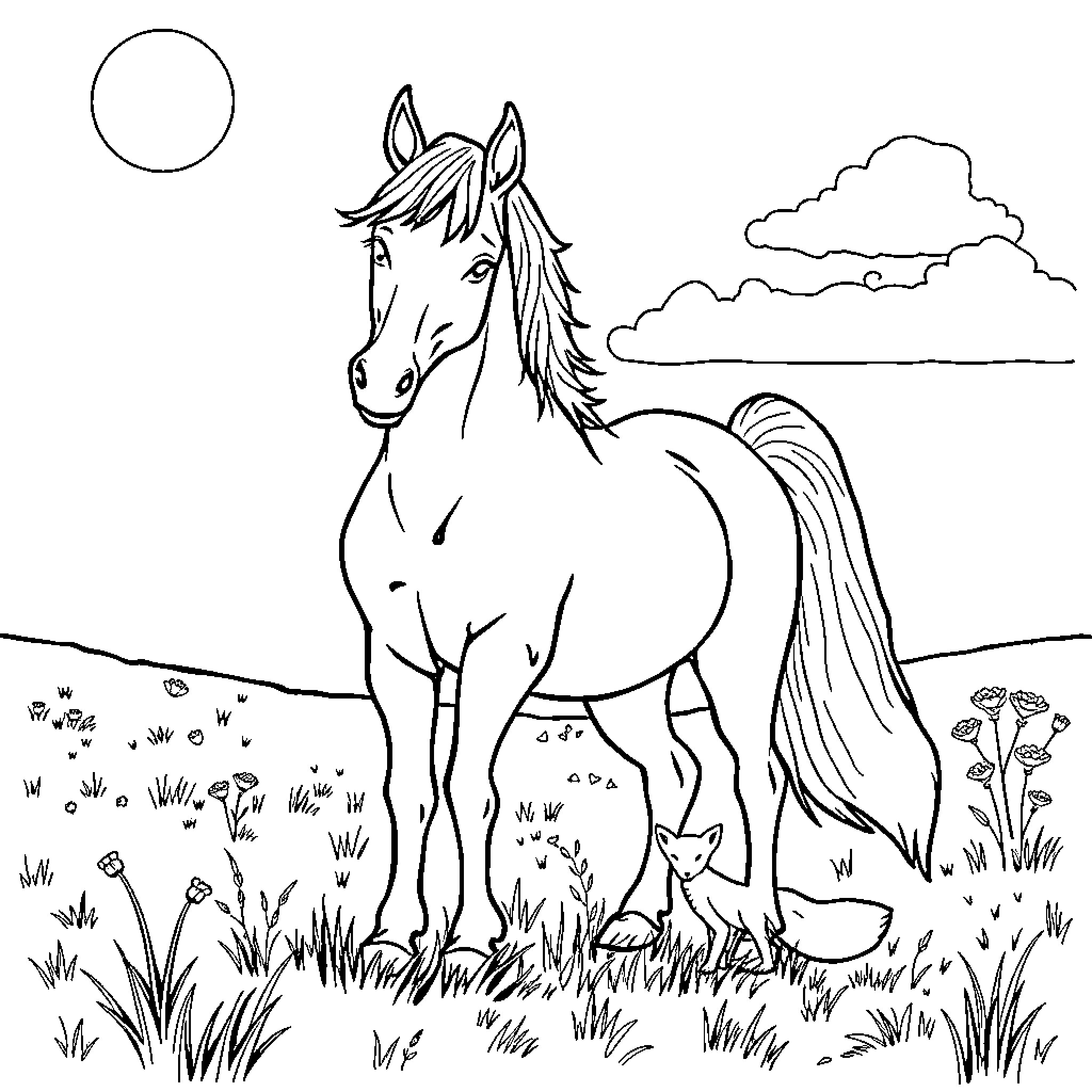 Horse standing in a meadow under the sun Coloring Page (free black-and-white line drawing printable PDF for all, from beginners to advanced learners, including children, teens, adults, and seniors)