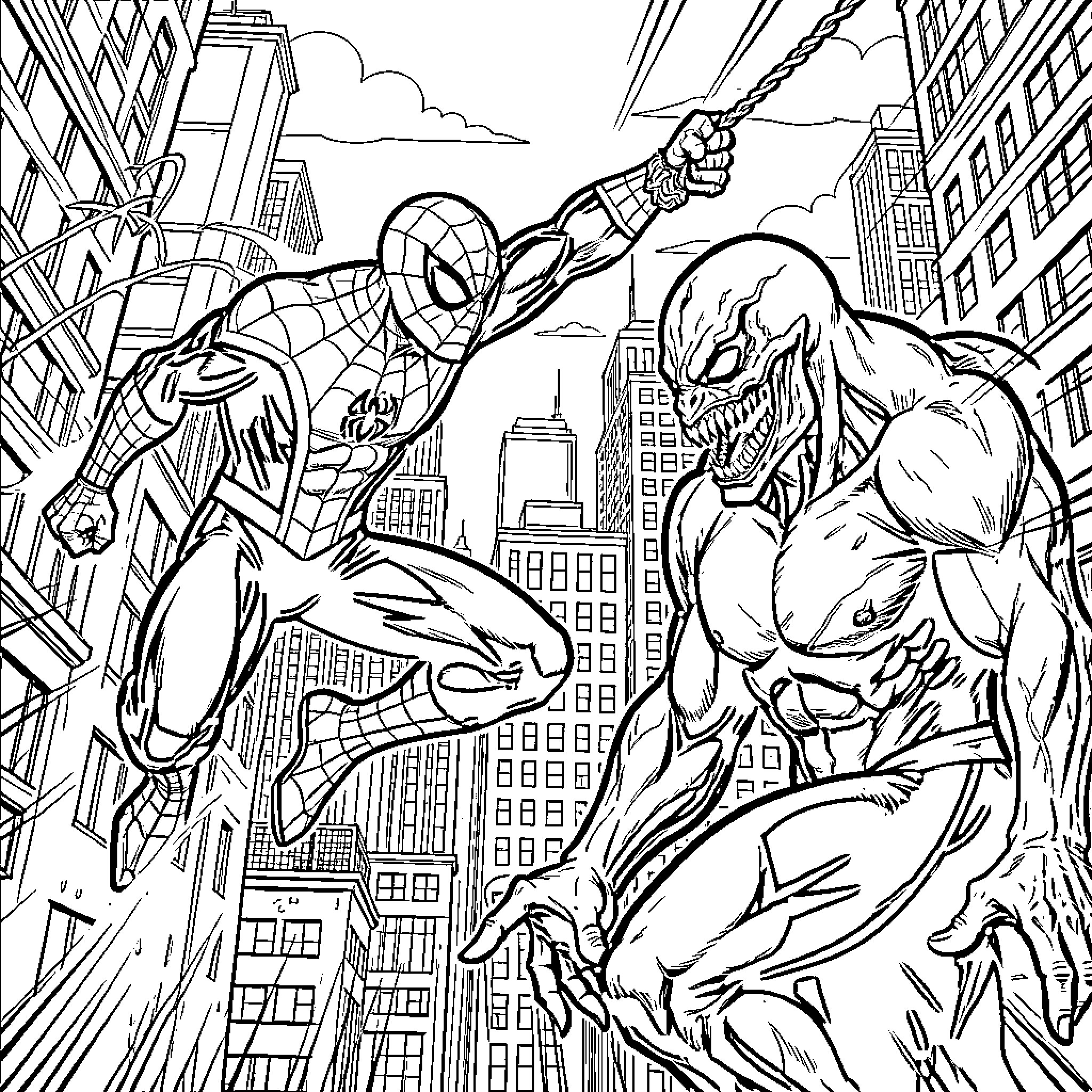 Spider-Man battling a fierce villain in the city Coloring Page (free black-and-white line drawing printable PDF for all, from beginners to advanced learners, including children, teens, adults, and seniors)