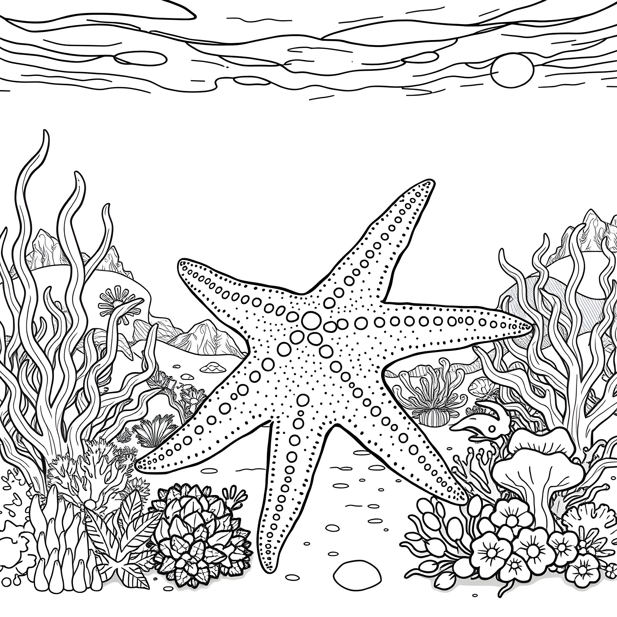 Starfish amid colorful marine life Coloring Page (free black-and-white line drawing printable PDF for all, from beginners to advanced learners, including children, teens, adults, and seniors)
