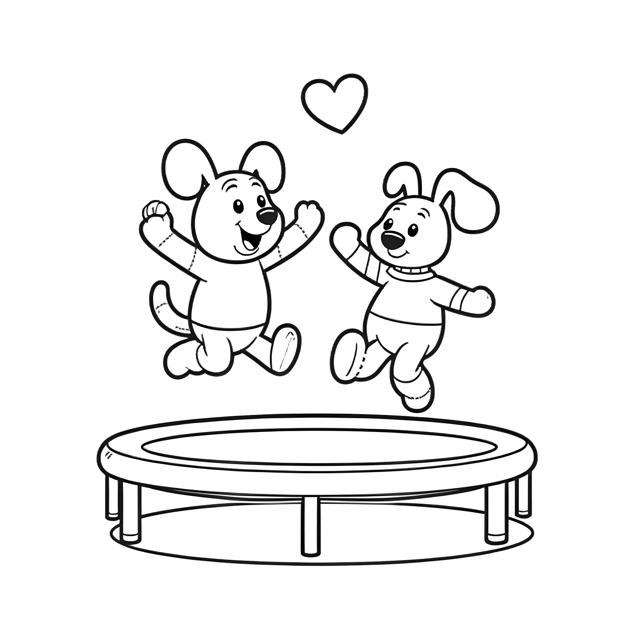 Bluey and friends playing joyfully on a trampoline Coloring Page (free black-and-white line drawing printable PDF for all, from beginners to advanced learners, including children, teens, adults, and seniors)