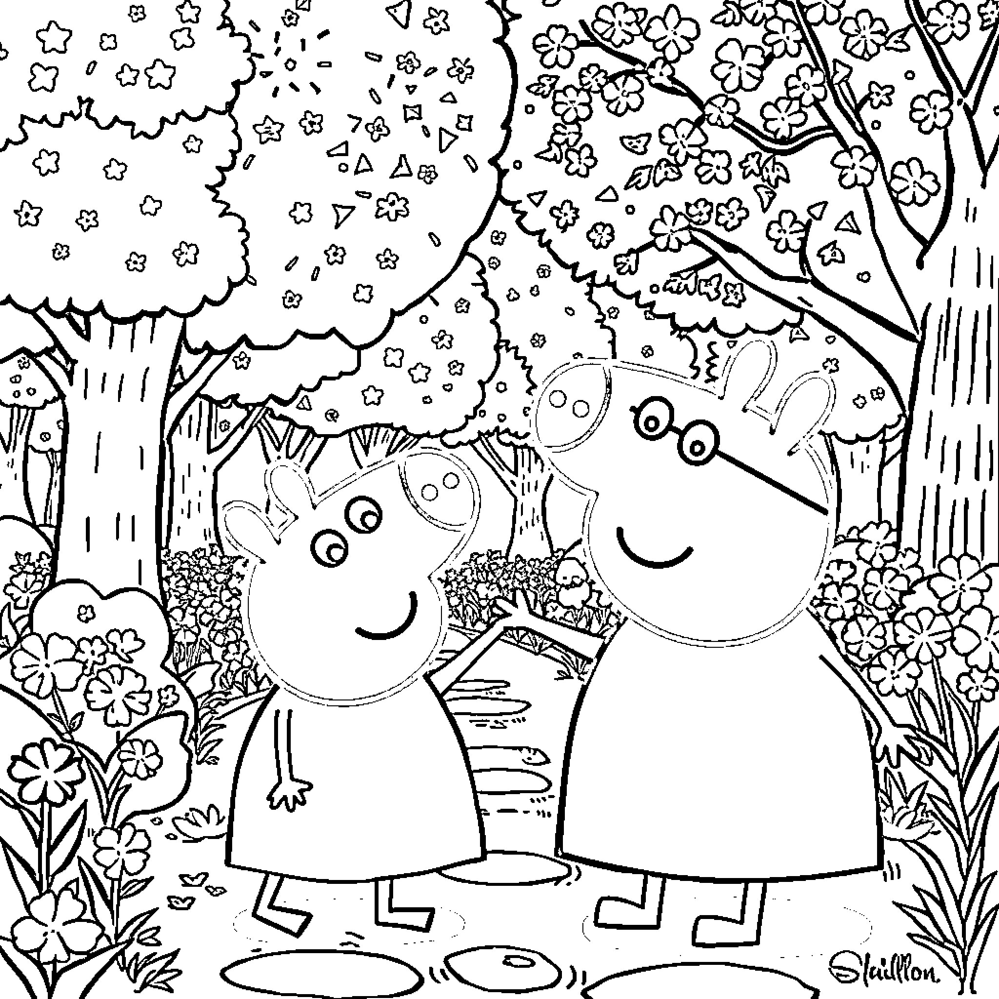 Pepa Pig and friends enjoying a spring day in nature Coloring Page (free black-and-white line drawing printable PDF for all, from beginners to advanced learners, including children, teens, adults, and seniors)