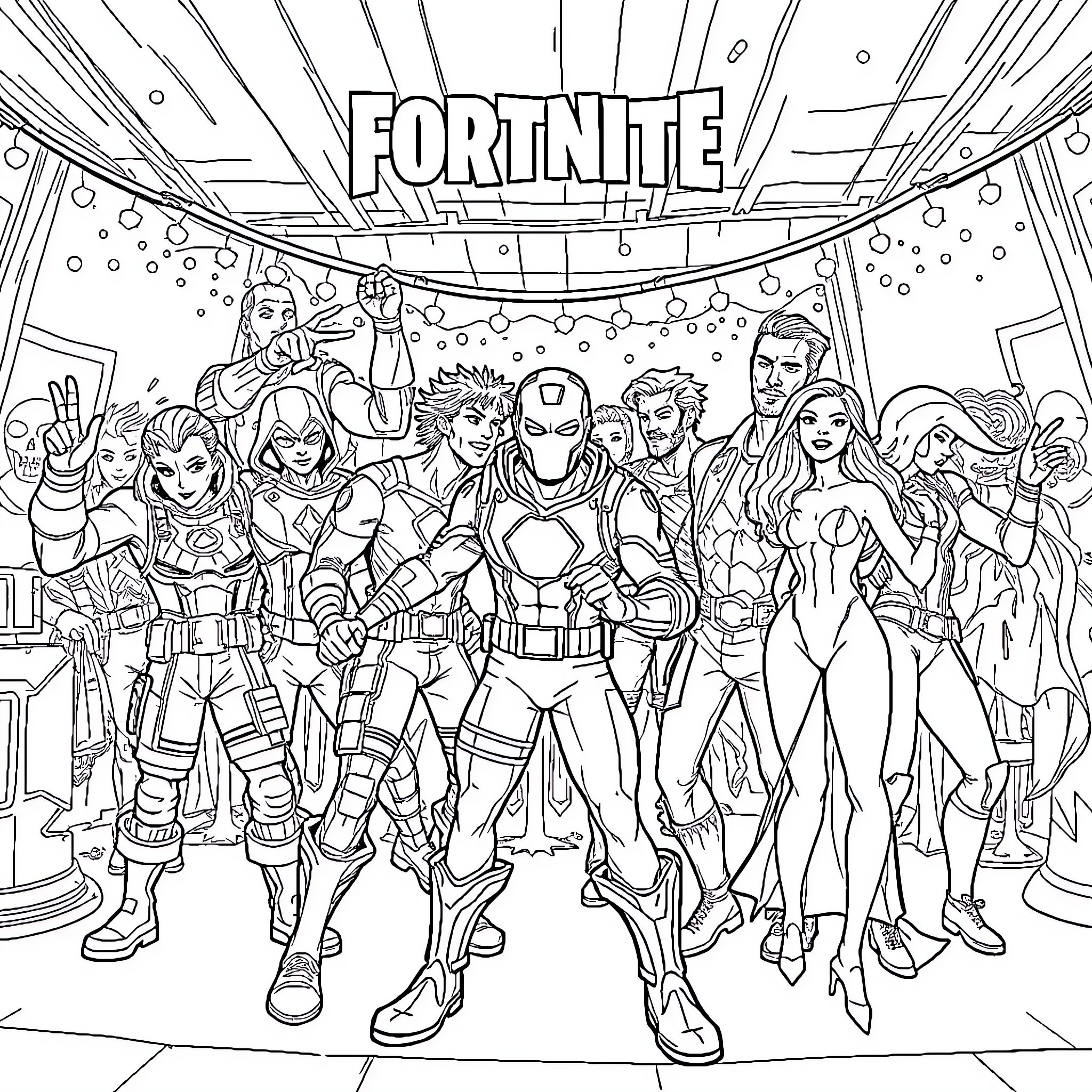Fortnite characters in action-packed scene Coloring Page (free black-and-white line drawing printable PDF for all, from beginners to advanced learners, including children, teens, adults, and seniors)