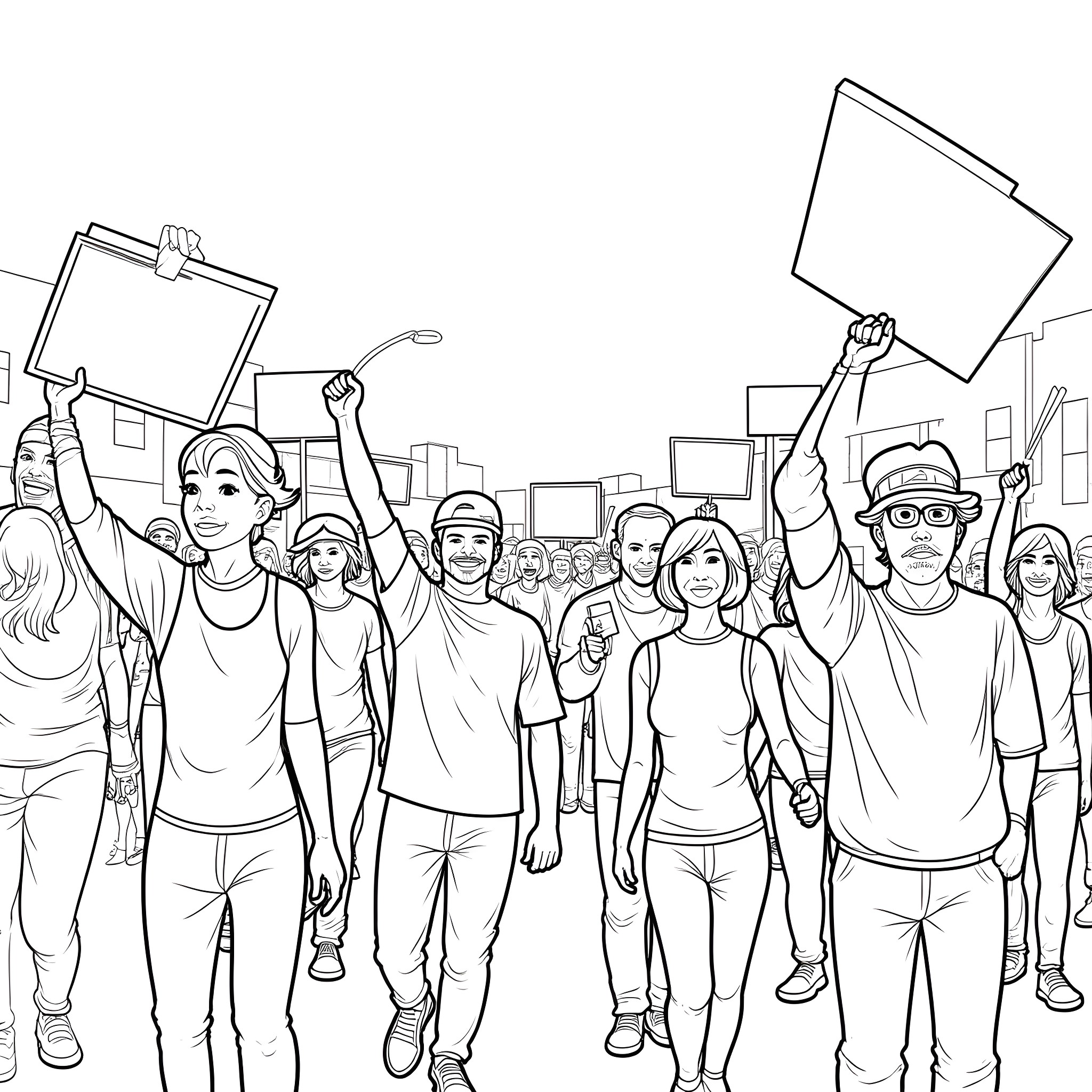 Person protesting with signs in the city Coloring Page (free black-and-white line drawing printable PDF for all, from beginners to advanced learners, including children, teens, adults, and seniors)