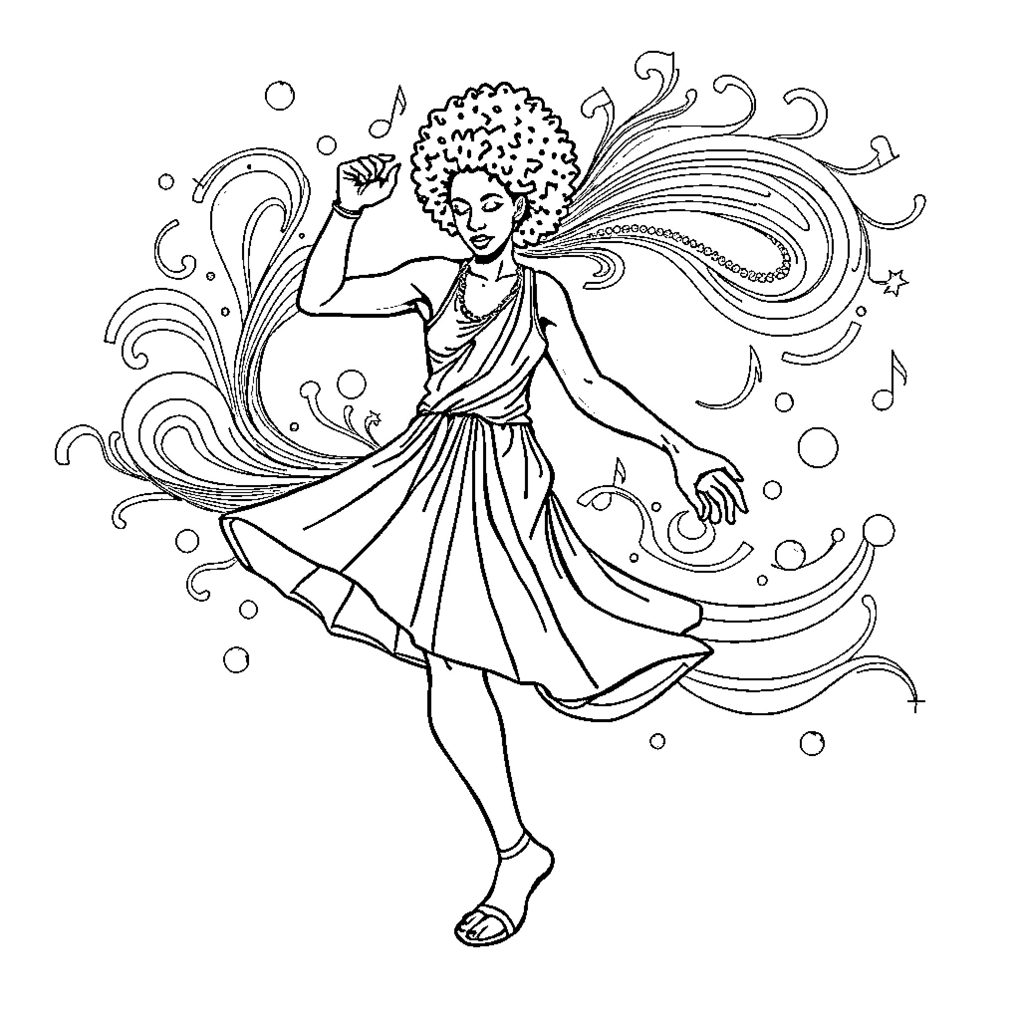 Dancer swirling in a lively performance Coloring Page (free black-and-white line drawing printable PDF for all, from beginners to advanced learners, including children, teens, adults, and seniors)