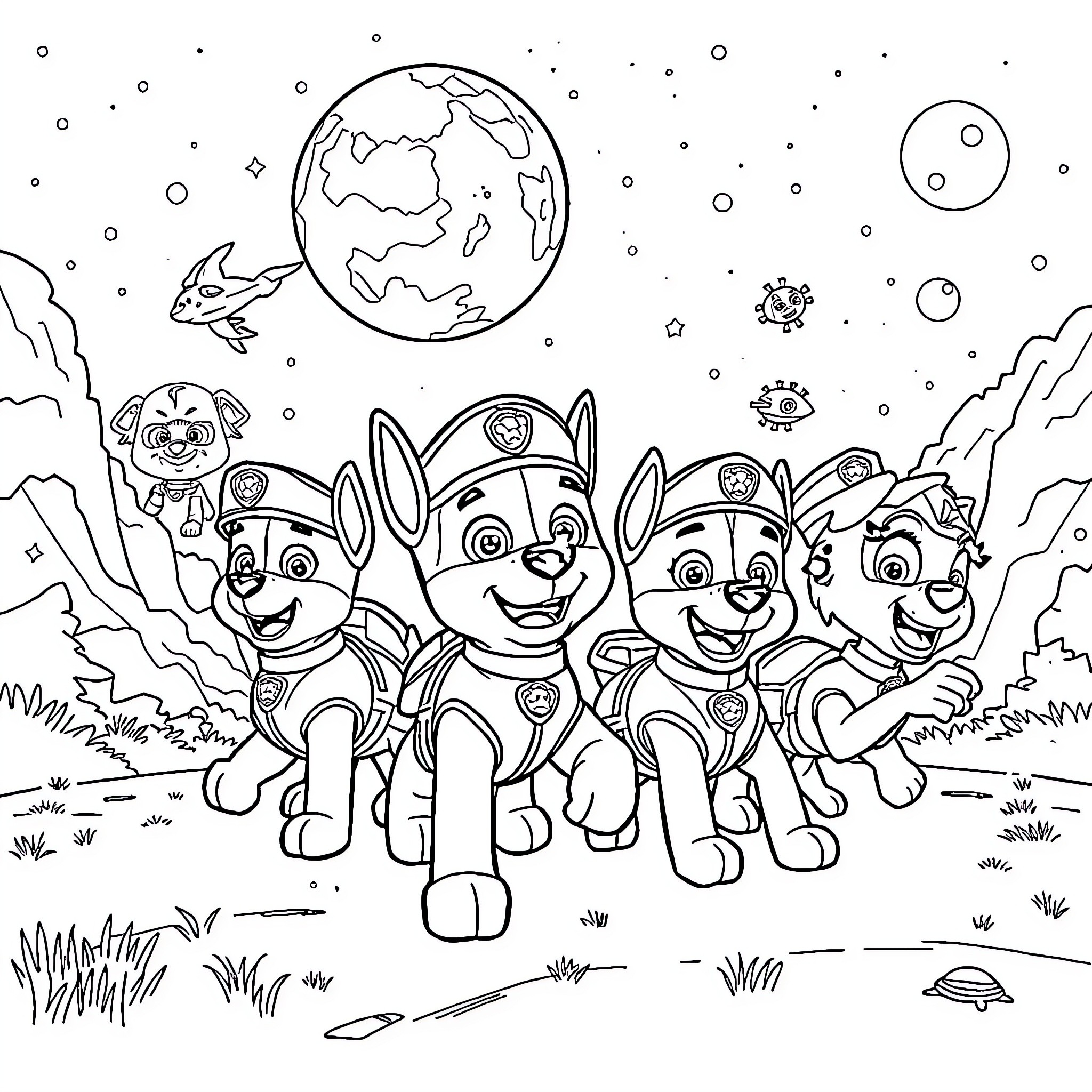 Paw Patrol Pups Explore the Cosmos Coloring Page (free black-and-white line drawing printable PDF for all, from beginners to advanced learners, including children, teens, adults, and seniors)