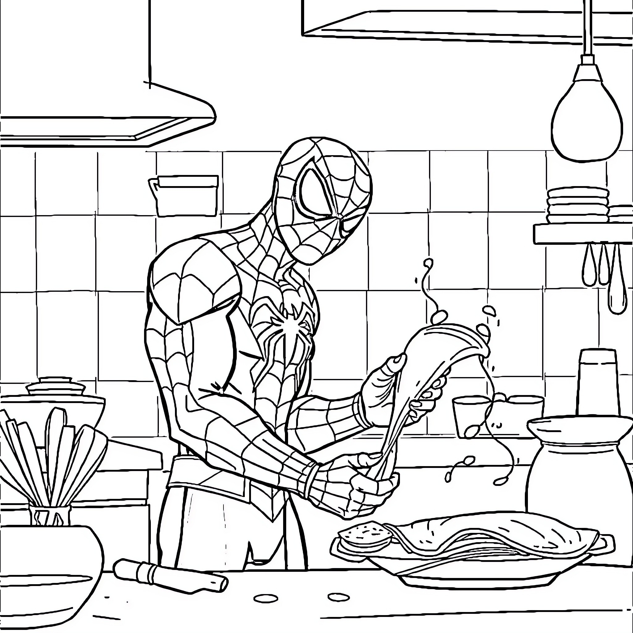 Spiderman Cooking in the Kitchen Coloring Page (free black-and-white line drawing printable PDF for all, from beginners to advanced learners, including children, teens, adults, and seniors)