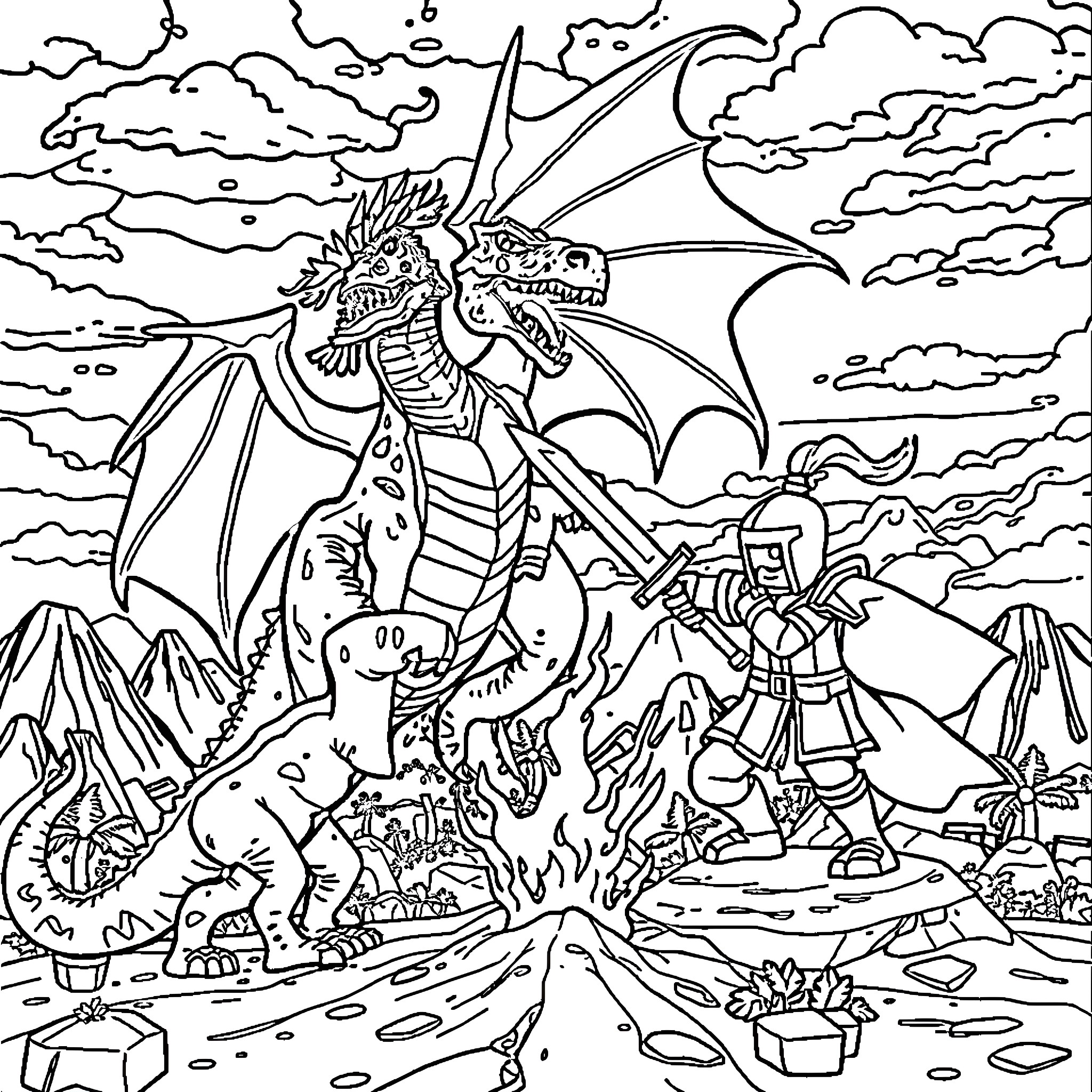 Dragon Warrior Battling a Fearsome Dragon Coloring Page (free black-and-white line drawing printable PDF for all, from beginners to advanced learners, including children, teens, adults, and seniors)
