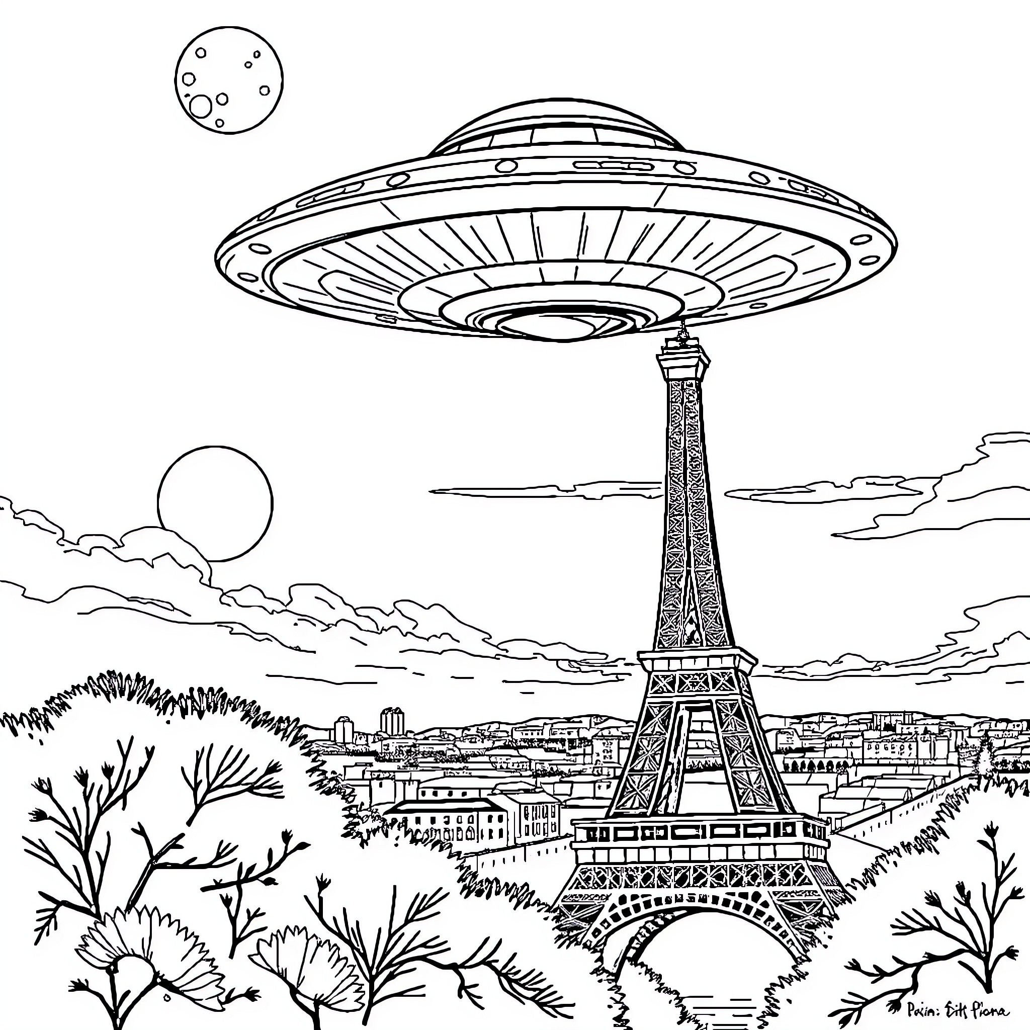 UFO hovering over the Eiffel Tower at night Coloring Page (free black-and-white line drawing printable PDF for all, from beginners to advanced learners, including children, teens, adults, and seniors)