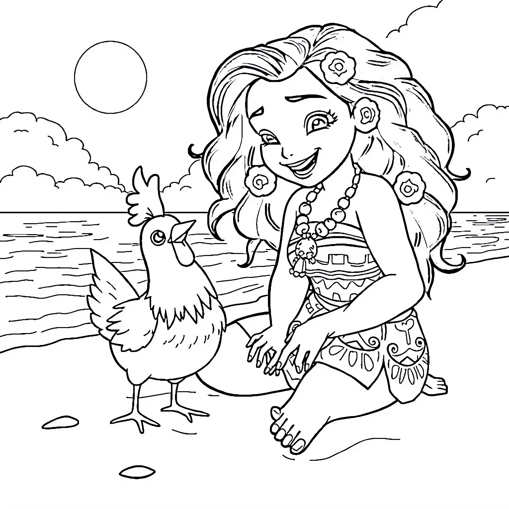 Moana playing with a chicken by the sea Coloring Page (free black-and-white line drawing printable PDF for all, from beginners to advanced learners, including children, teens, adults, and seniors)