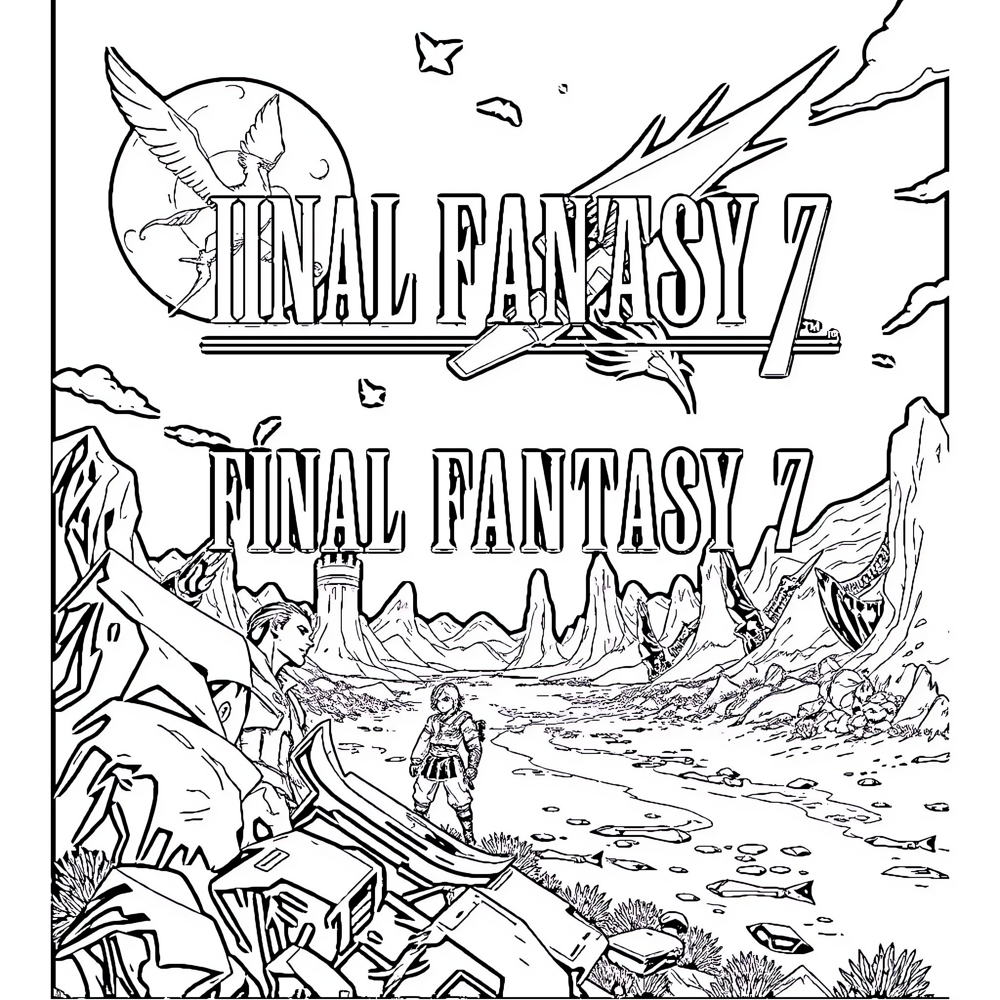 Final Fantasy 7 protagonist journeys through fantastical landscapes Coloring Page (free black-and-white line drawing printable PDF for all, from beginners to advanced learners, including children, teens, adults, and seniors)