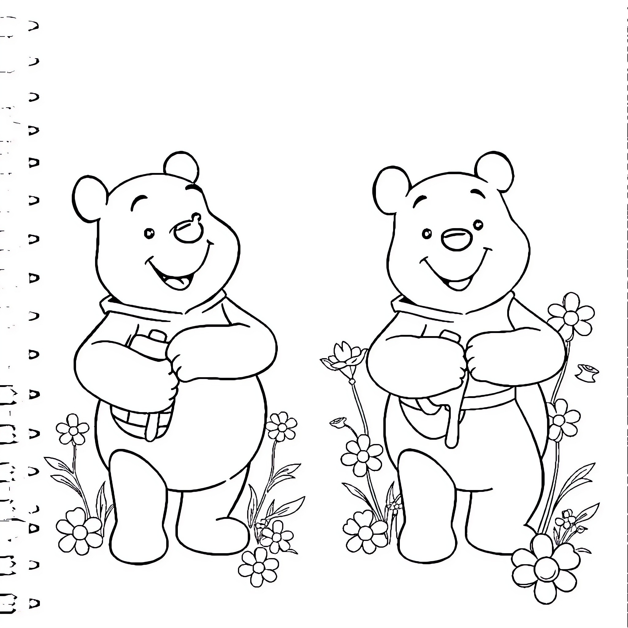 Winnie The Pooh having fun with friends in nature Coloring Page (free black-and-white line drawing printable PDF for all, from beginners to advanced learners, including children, teens, adults, and seniors)