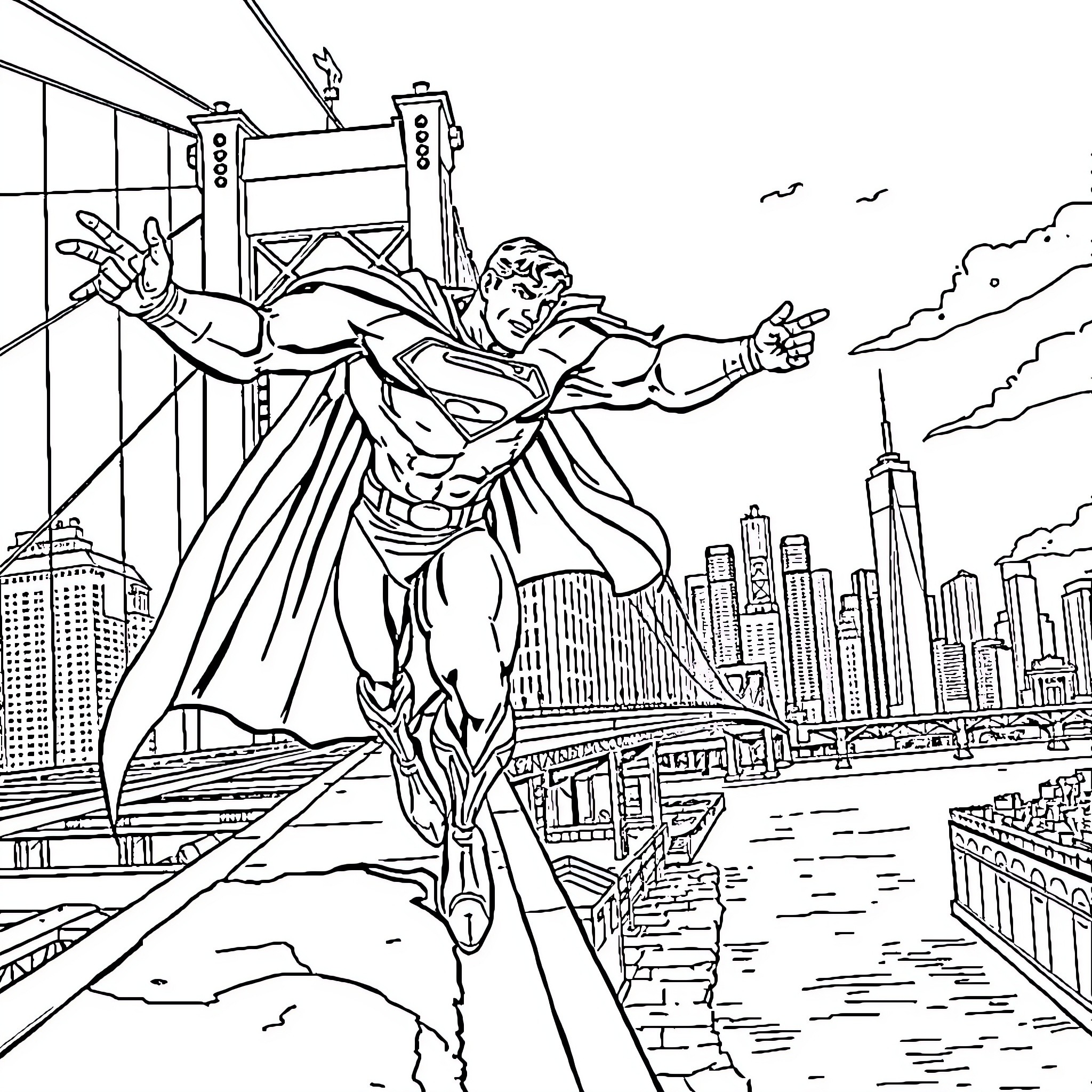 Superman soaring over the cityscape in action Coloring Page (free black-and-white line drawing printable PDF for all, from beginners to advanced learners, including children, teens, adults, and seniors)
