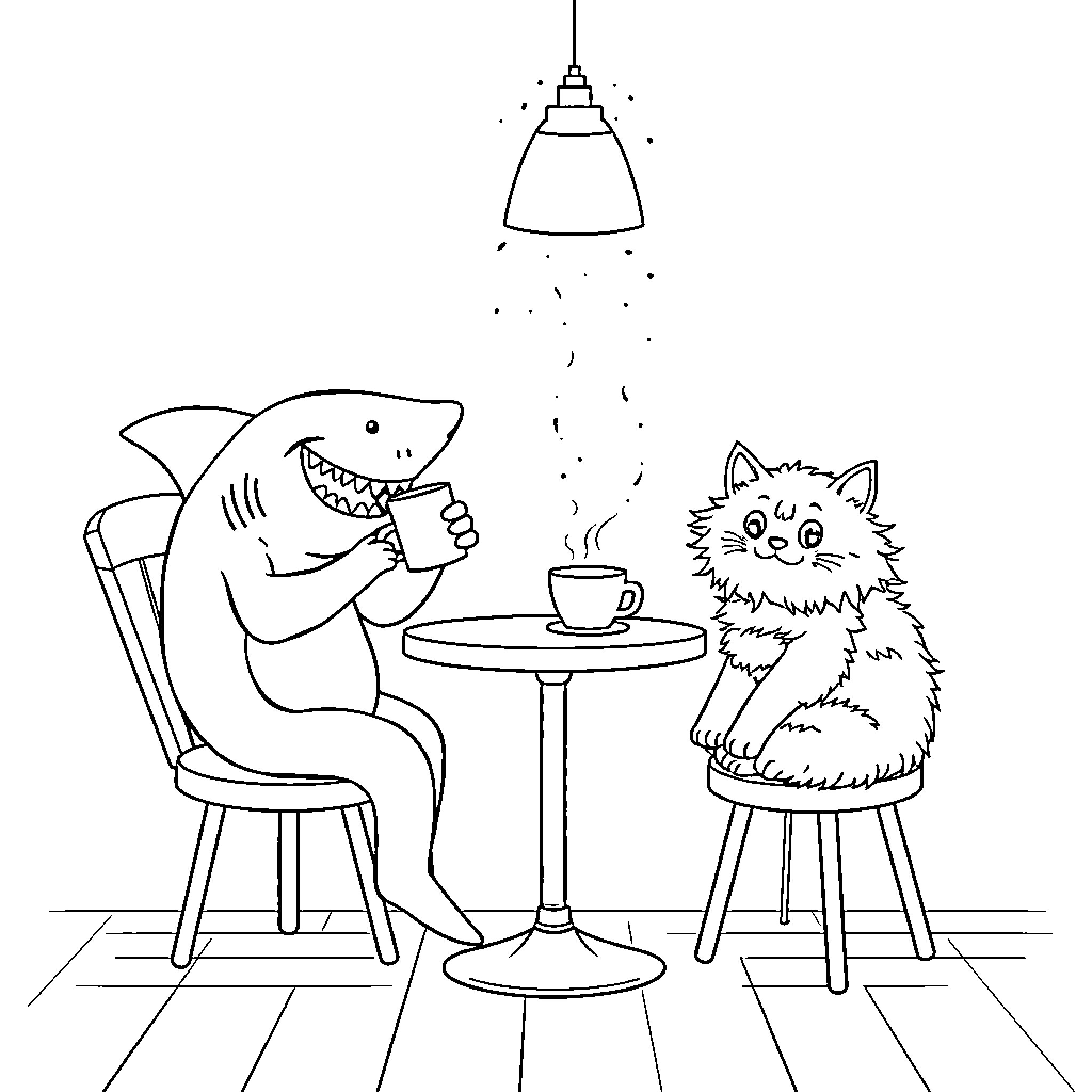 Shark enjoying a cup of coffee with a cat Coloring Page (free black-and-white line drawing printable PDF for all, from beginners to advanced learners, including children, teens, adults, and seniors)