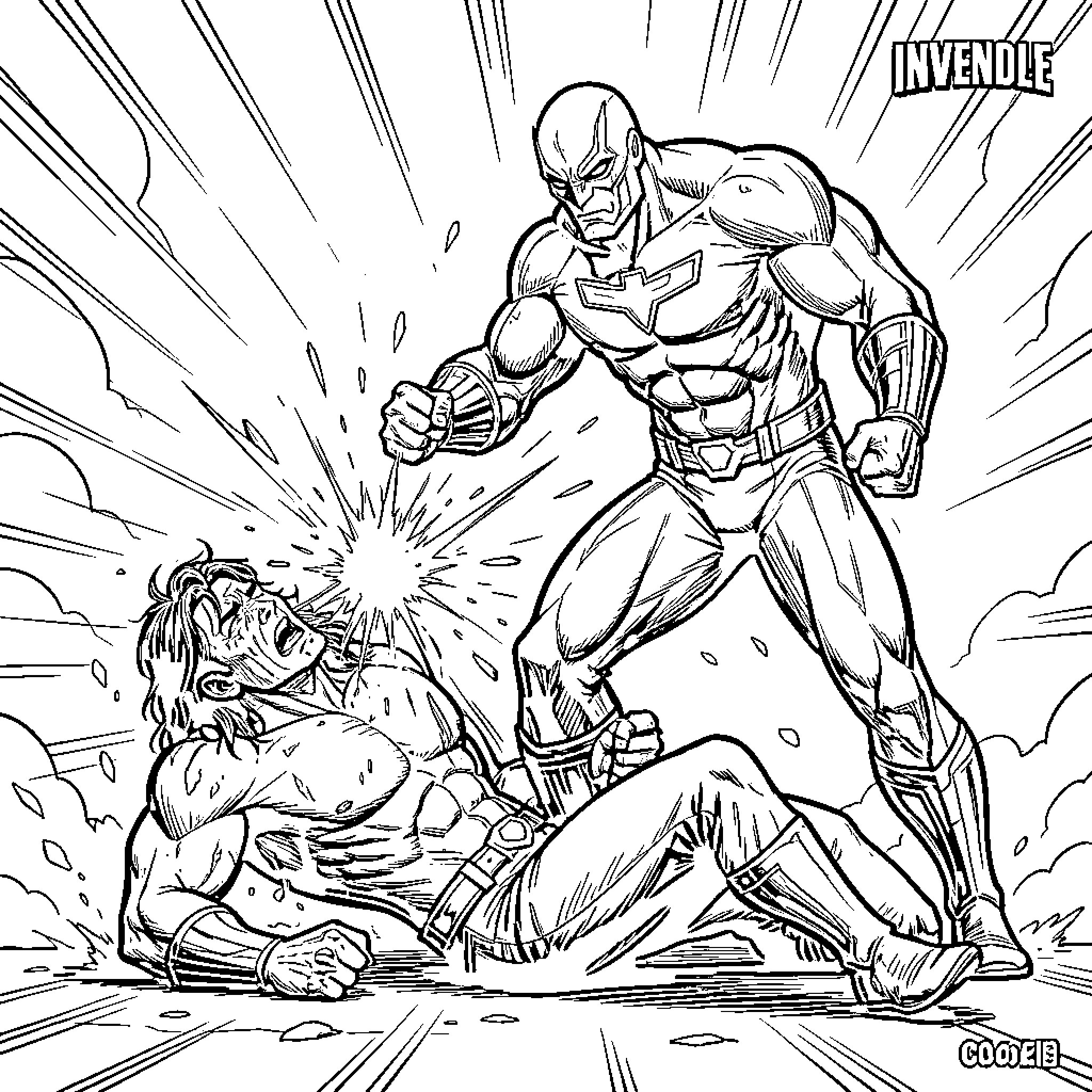 Invincible superhero delivering a powerful blow to fallen opponent Coloring Page (free black-and-white line drawing printable PDF for all, from beginners to advanced learners, including children, teens, adults, and seniors)