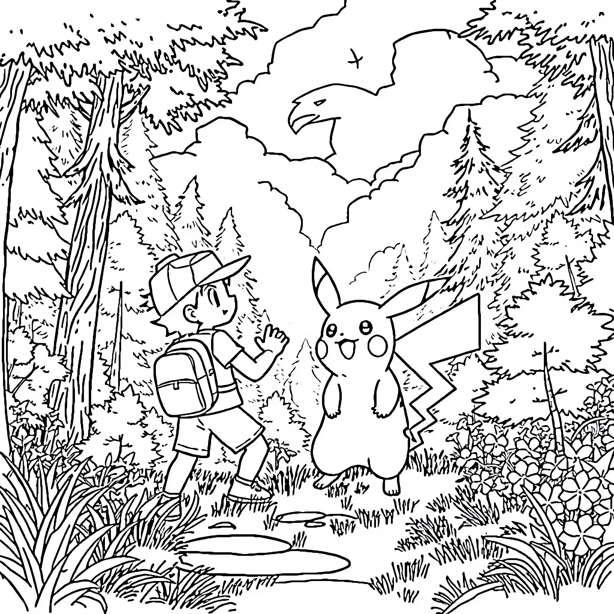 Pikachu and a young Pokémon trainer exploring the forest Coloring Page (free black-and-white line drawing printable PDF for all, from beginners to advanced learners, including children, teens, adults, and seniors)