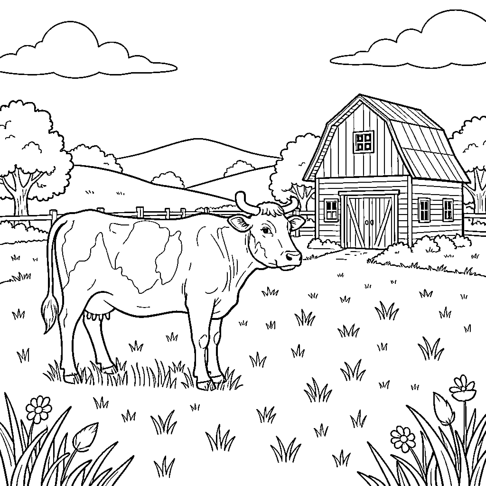 Cow and Crow enjoying the farm scenery Coloring Page (free black-and-white line drawing printable PDF for all, from beginners to advanced learners, including children, teens, adults, and seniors)
