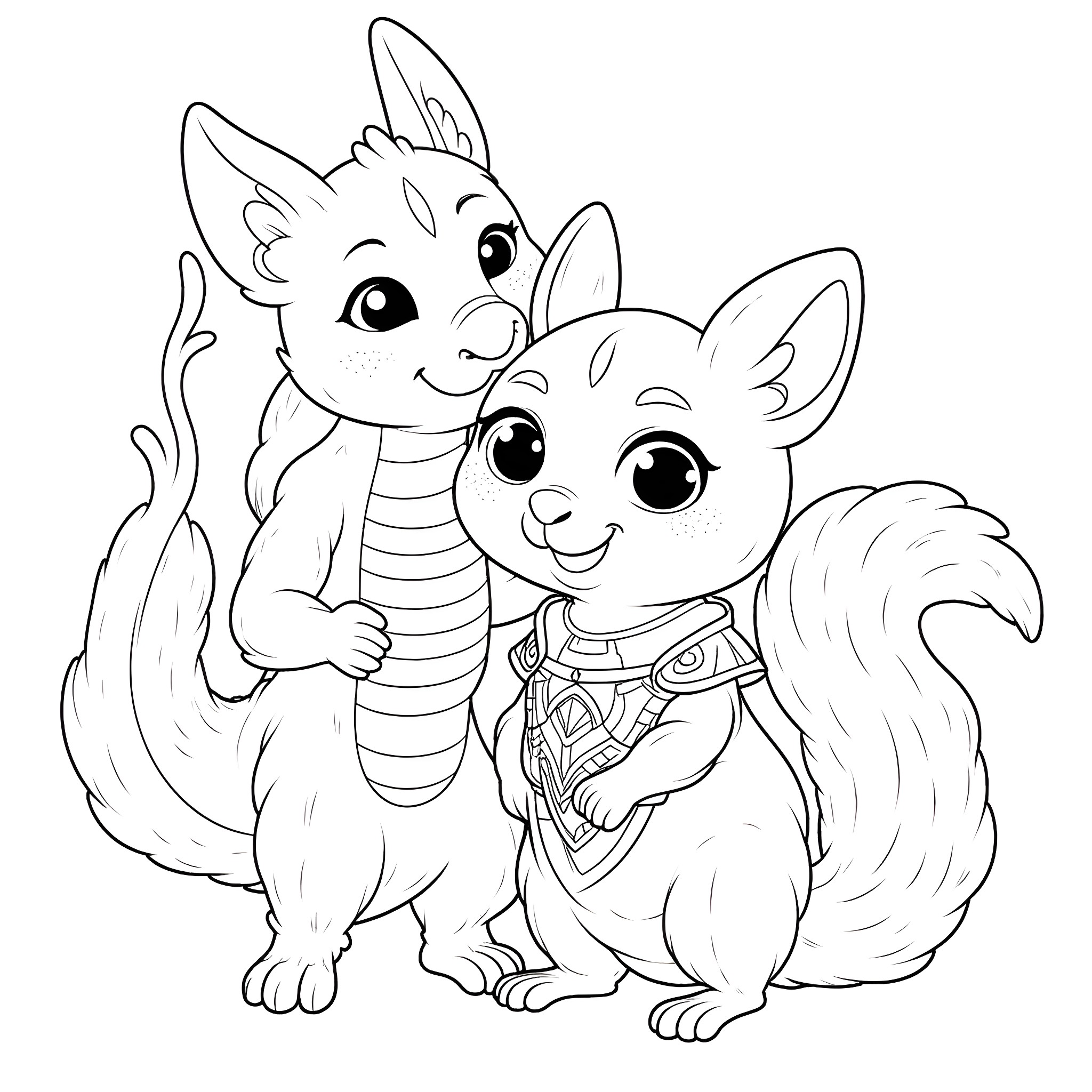 Squirrel companions in an adventure Coloring Page (free black-and-white line drawing printable PDF for all, from beginners to advanced learners, including children, teens, adults, and seniors)