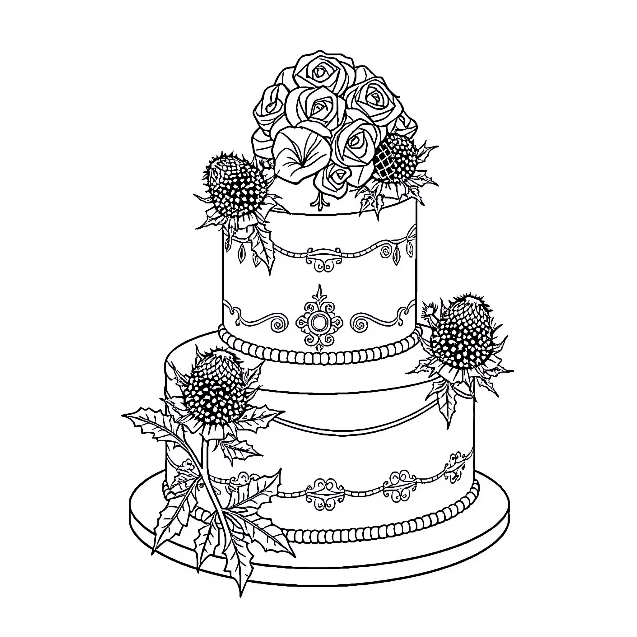 Wedding Cake with Floral Decorations Coloring Page (free black-and-white line drawing printable PDF for all, from beginners to advanced learners, including children, teens, adults, and seniors)