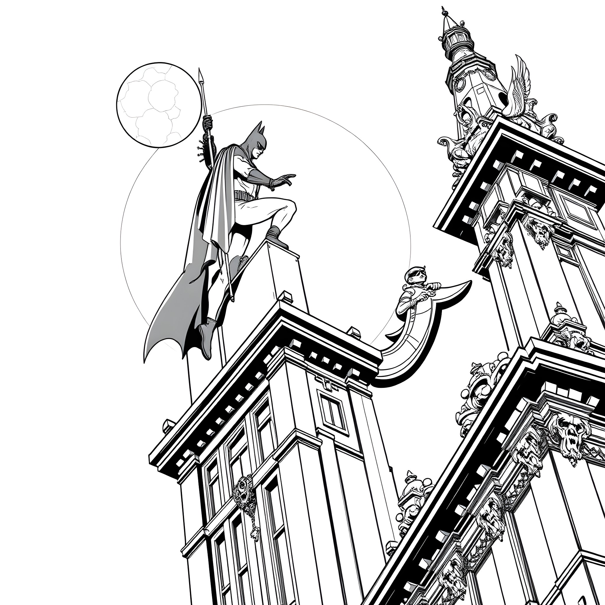 Batman swinging through the city's gothic architecture Coloring Page (free black-and-white line drawing printable PDF for all, from beginners to advanced learners, including children, teens, adults, and seniors)