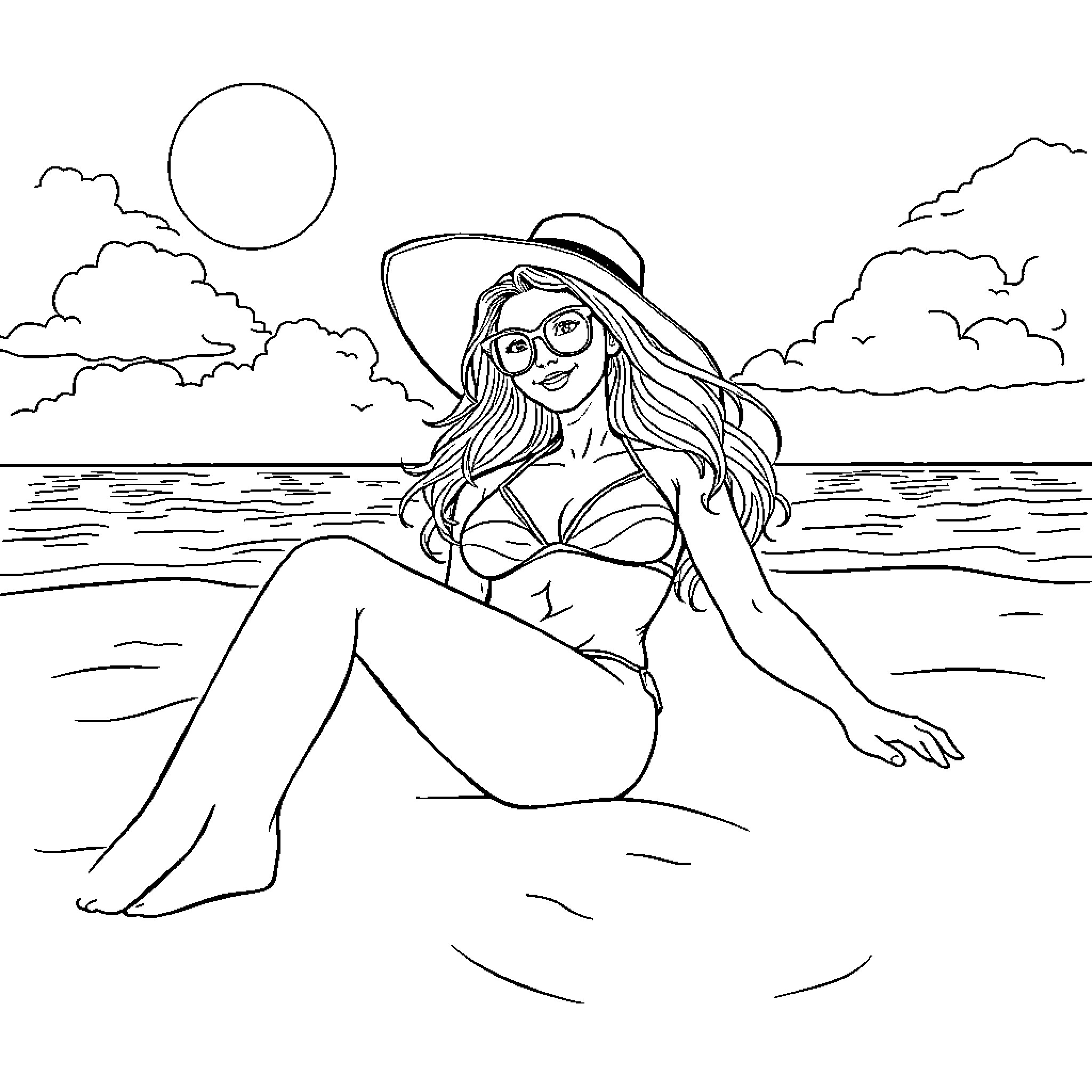 Girl relaxing on the beach under the sun Coloring Page (free black-and-white line drawing printable PDF for all, from beginners to advanced learners, including children, teens, adults, and seniors)