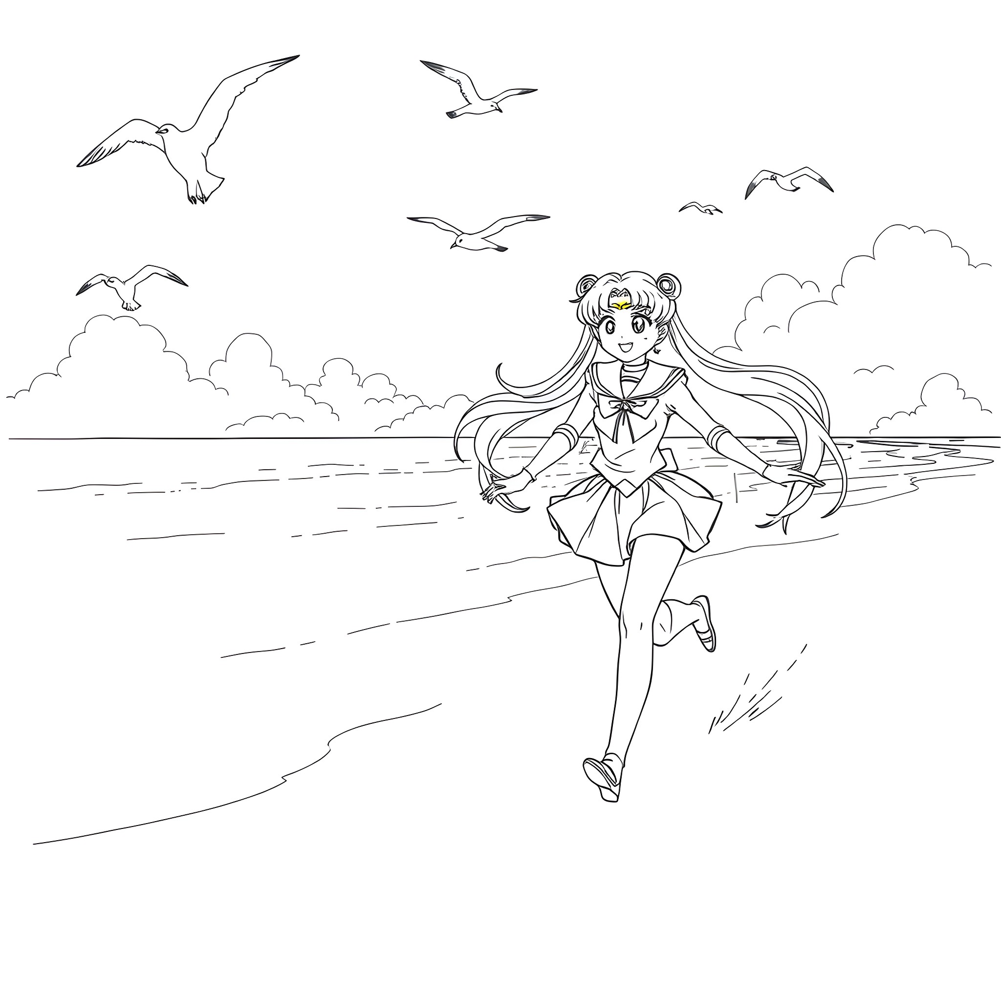 Sailormoon running along the beach with seagulls Coloring Page (free black-and-white line drawing printable PDF for all, from beginners to advanced learners, including children, teens, adults, and seniors)