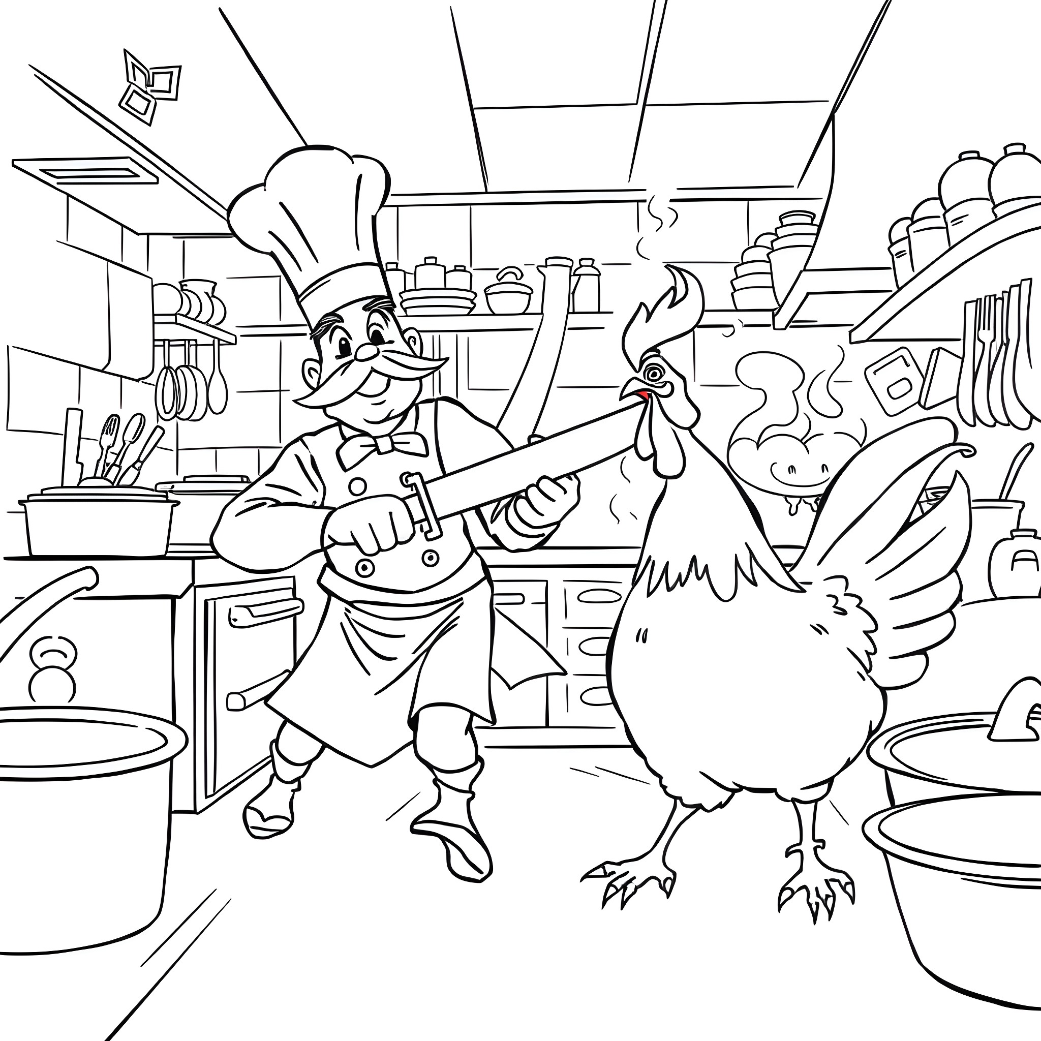 Chef and Rooster in a Busy Kitchen Coloring Page (free black-and-white line drawing printable PDF for all, from beginners to advanced learners, including children, teens, adults, and seniors)