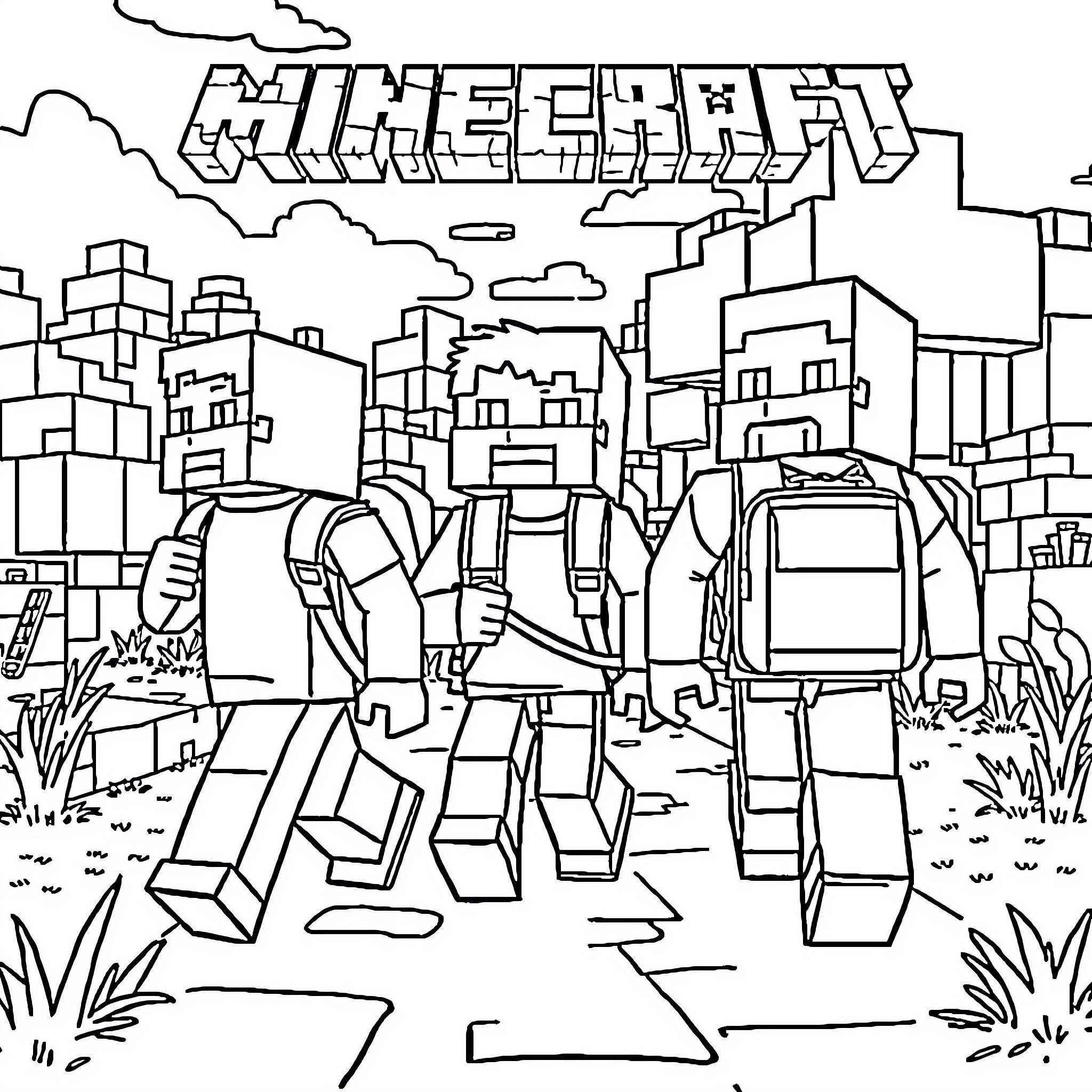 Minecraft Character Exploring a Blocky Cityscape Coloring Page (free black-and-white line drawing printable PDF for all, from beginners to advanced learners, including children, teens, adults, and seniors)