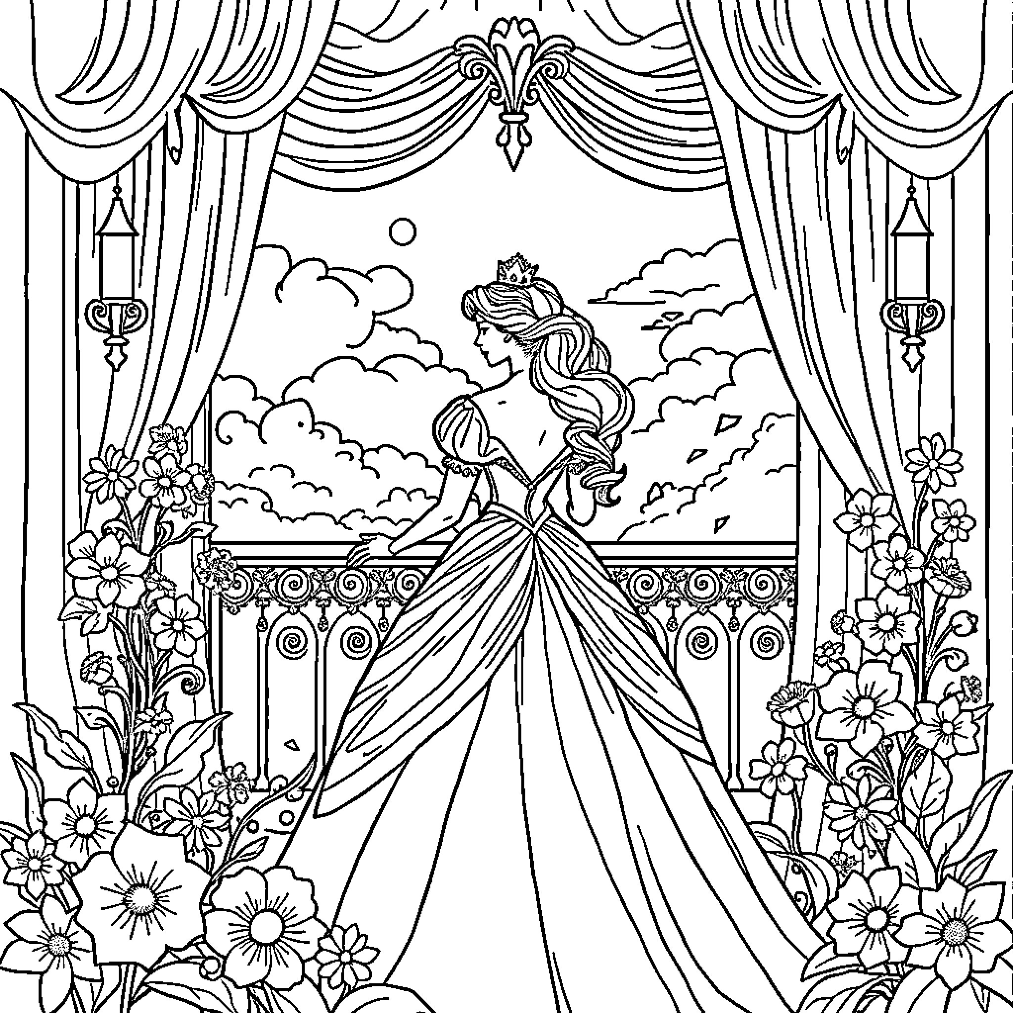 Princess in a Majestic Garden with Flowing Dress Coloring Page (free black-and-white line drawing printable PDF for all, from beginners to advanced learners, including children, teens, adults, and seniors)