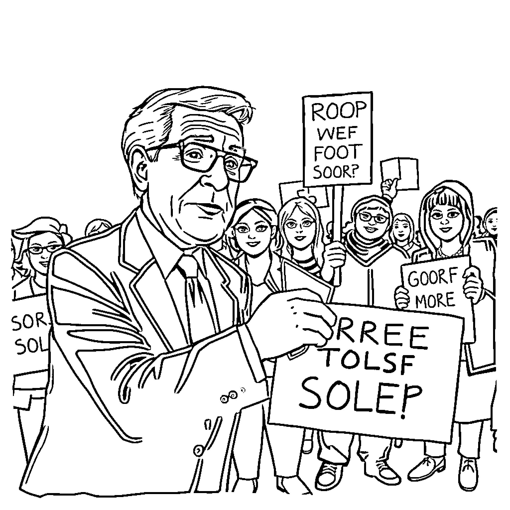 George Soros Leads Protesters with Placards Coloring Page (free black-and-white line drawing printable PDF for all, from beginners to advanced learners, including children, teens, adults, and seniors)