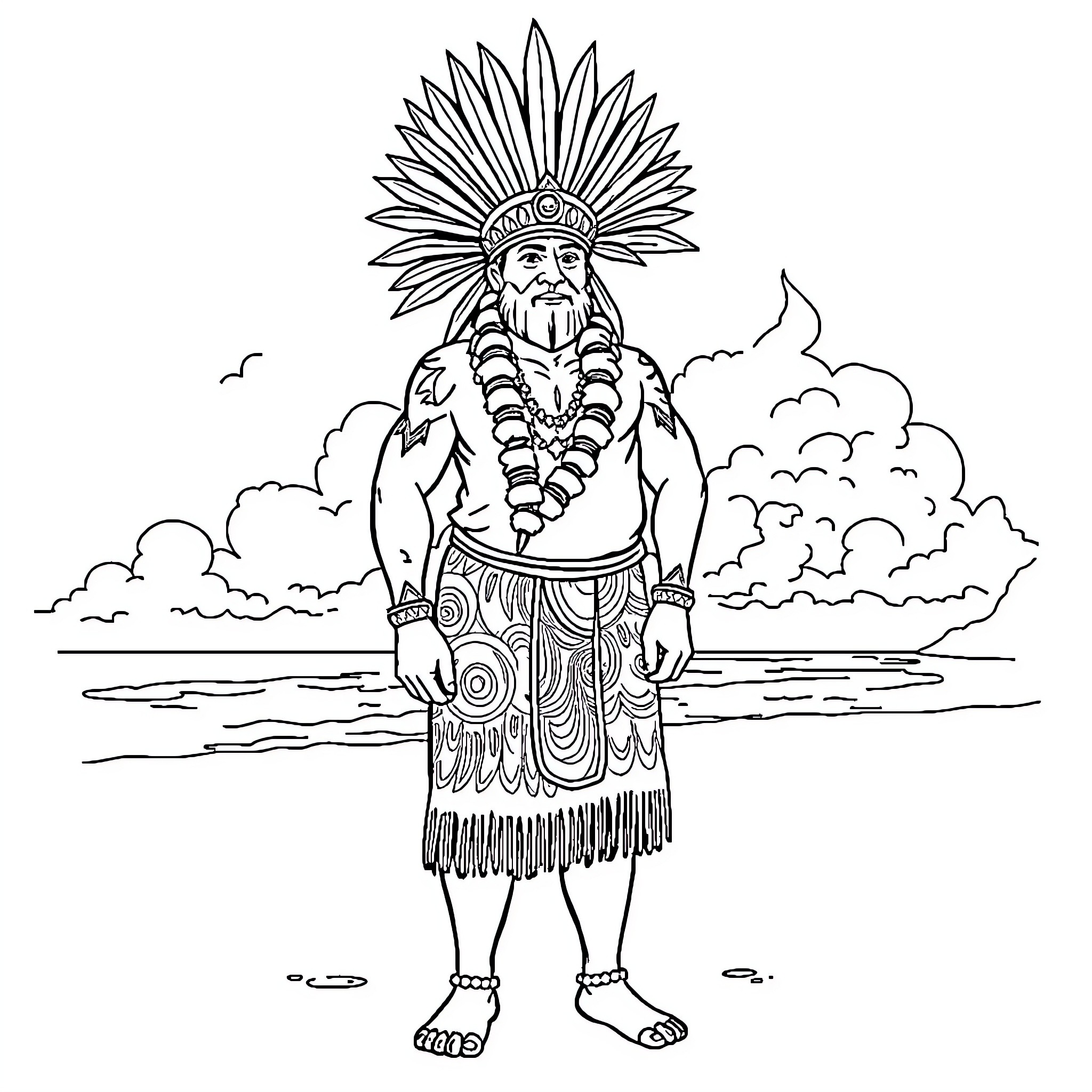 Chief in Native American Ceremonial Dress Coloring Page (free black-and-white line drawing printable PDF for all, from beginners to advanced learners, including children, teens, adults, and seniors)