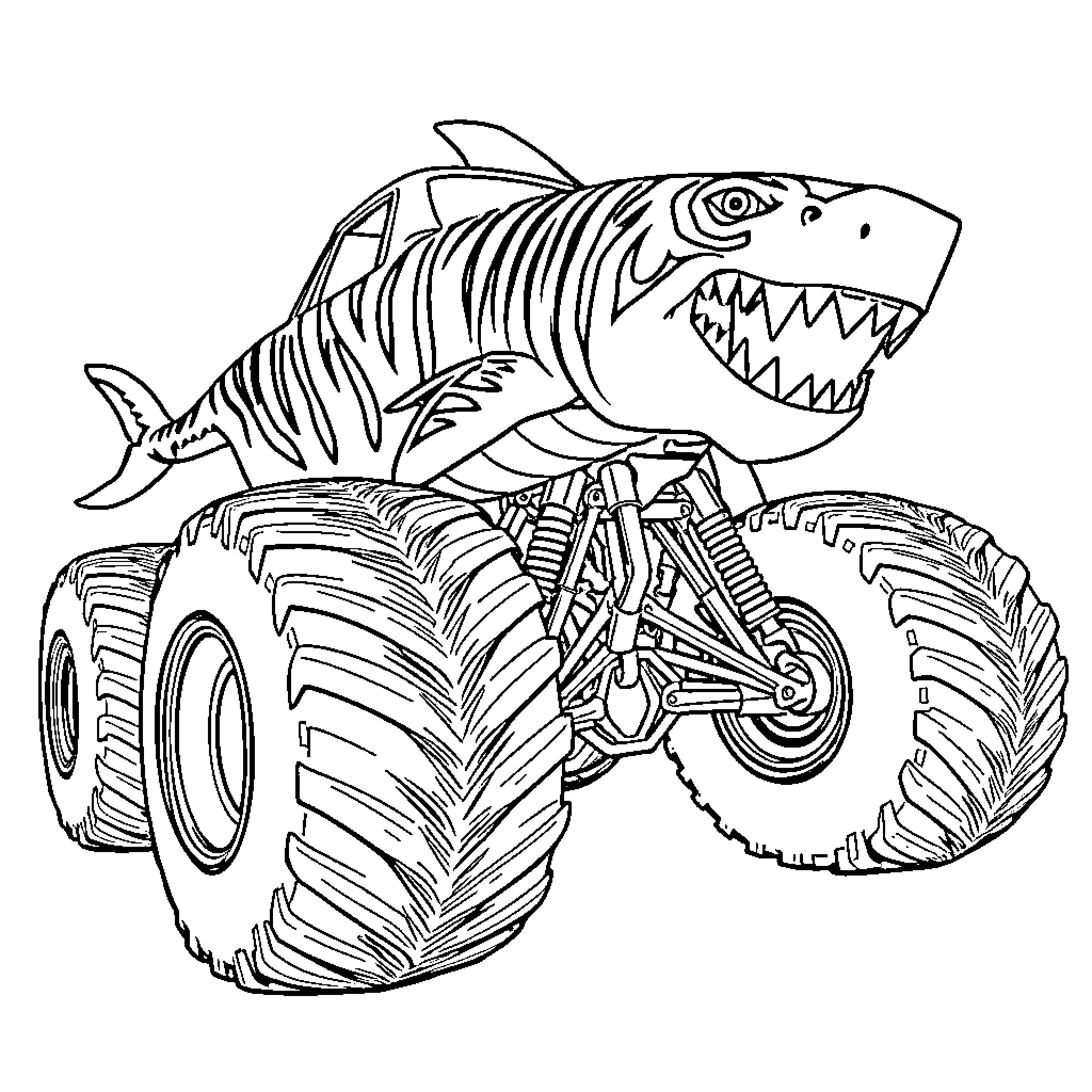 Tiger Shark Monster Truck Crushing Enemies Coloring Page (free black-and-white line drawing printable PDF for all, from beginners to advanced learners, including children, teens, adults, and seniors)