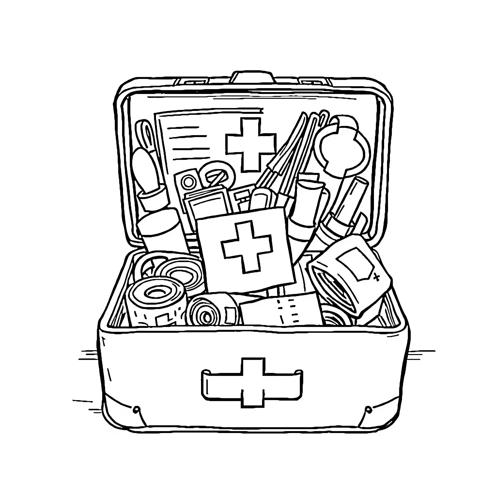 First Aid Box with Emergency Medical Supplies Coloring Page (free black-and-white line drawing printable PDF for all, from beginners to advanced learners, including children, teens, adults, and seniors)
