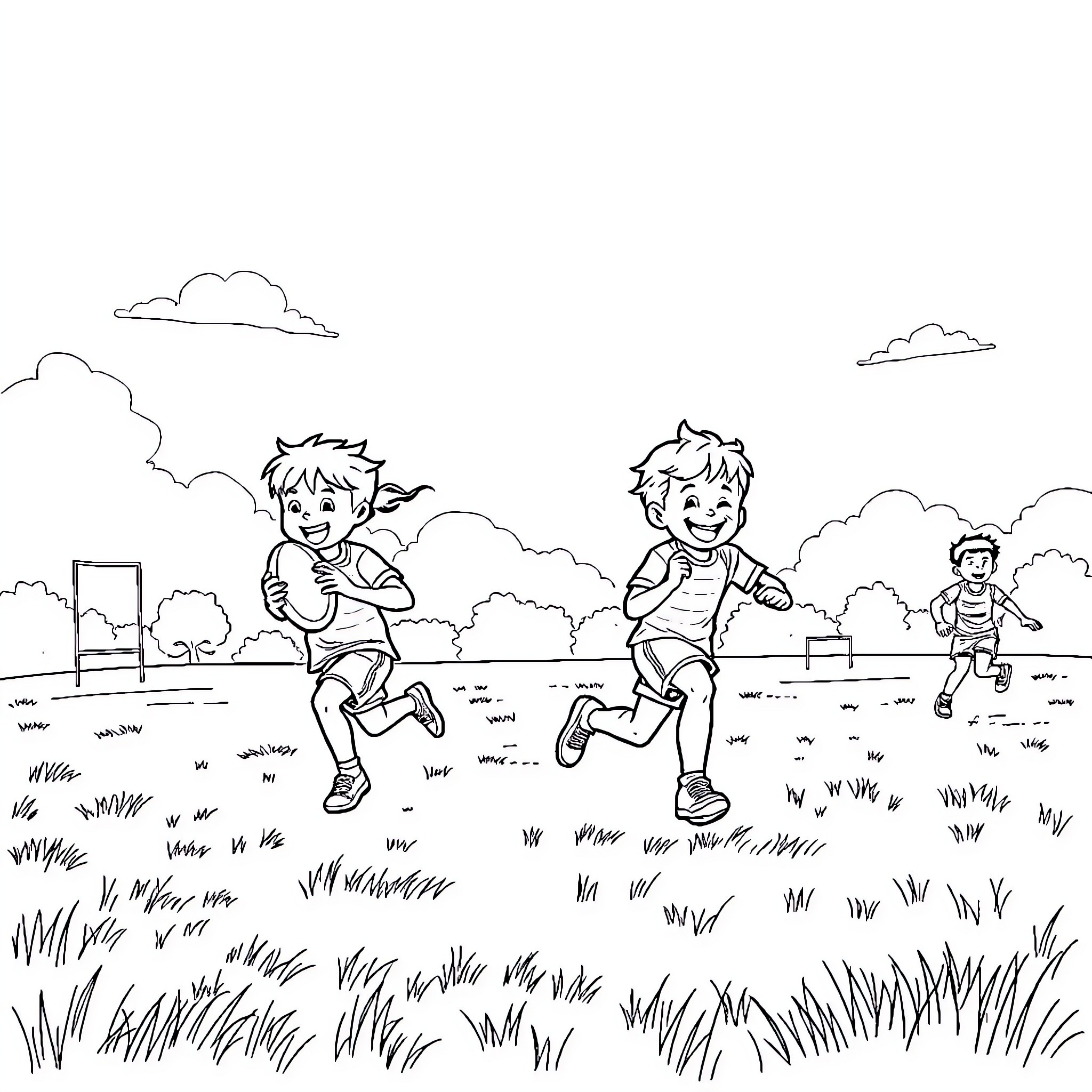 Kids playing joyfully in the park Coloring Page (free black-and-white line drawing printable PDF for all, from beginners to advanced learners, including children, teens, adults, and seniors)