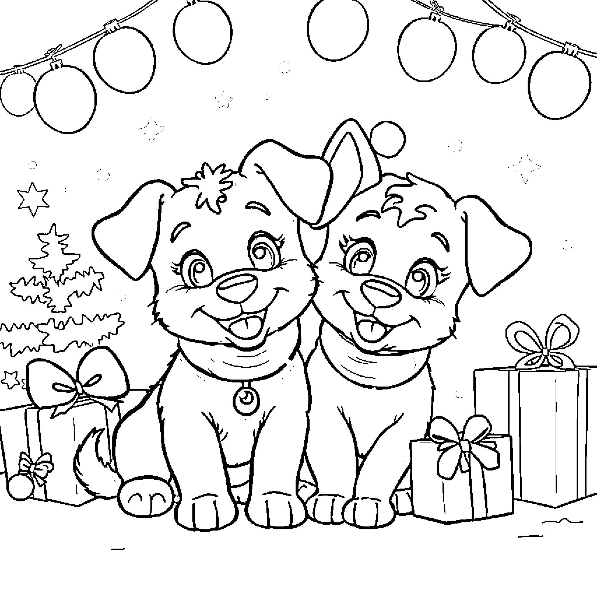 Bluey's Christmas with Pups and Presents Coloring Page (free black-and-white line drawing printable PDF for all, from beginners to advanced learners, including children, teens, adults, and seniors)
