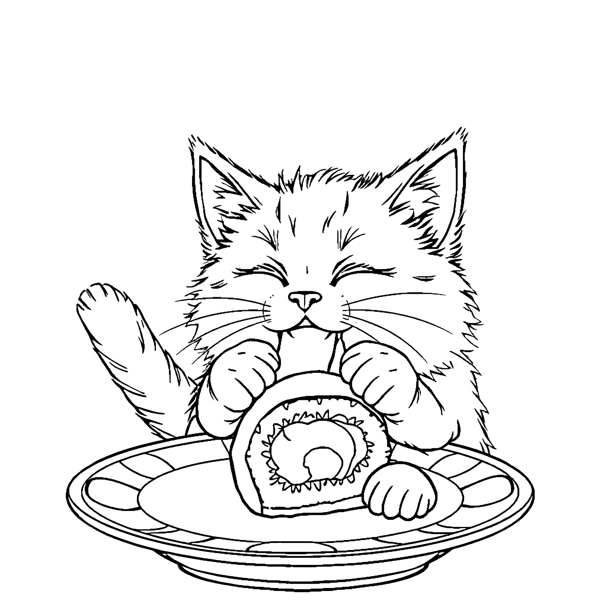 Cat enjoying a tasty treat Coloring Page (free black-and-white line drawing printable PDF for all, from beginners to advanced learners, including children, teens, adults, and seniors)