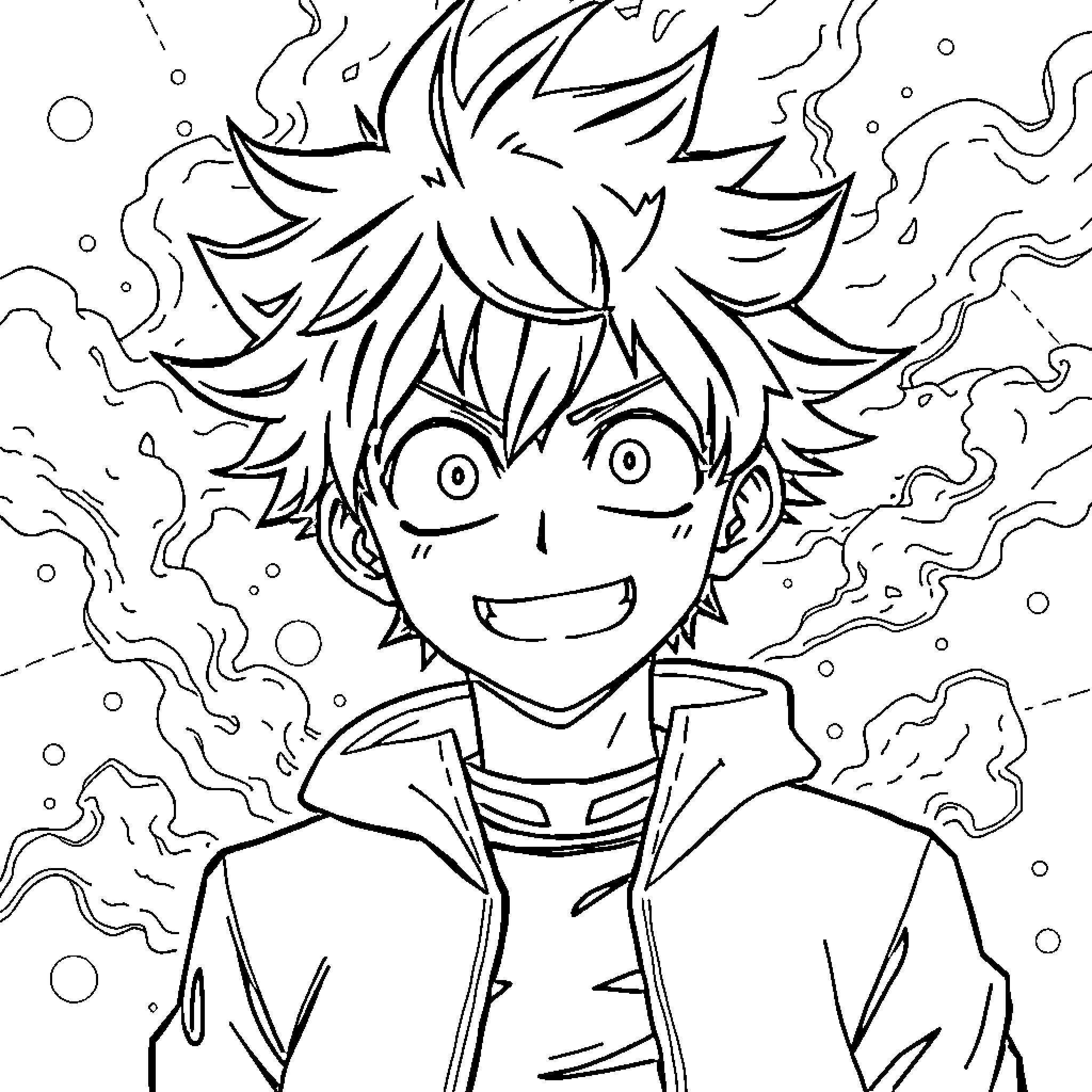 Izuku's Energetic Enthusiasm Shines Through Coloring Page (free black-and-white line drawing printable PDF for all, from beginners to advanced learners, including children, teens, adults, and seniors)