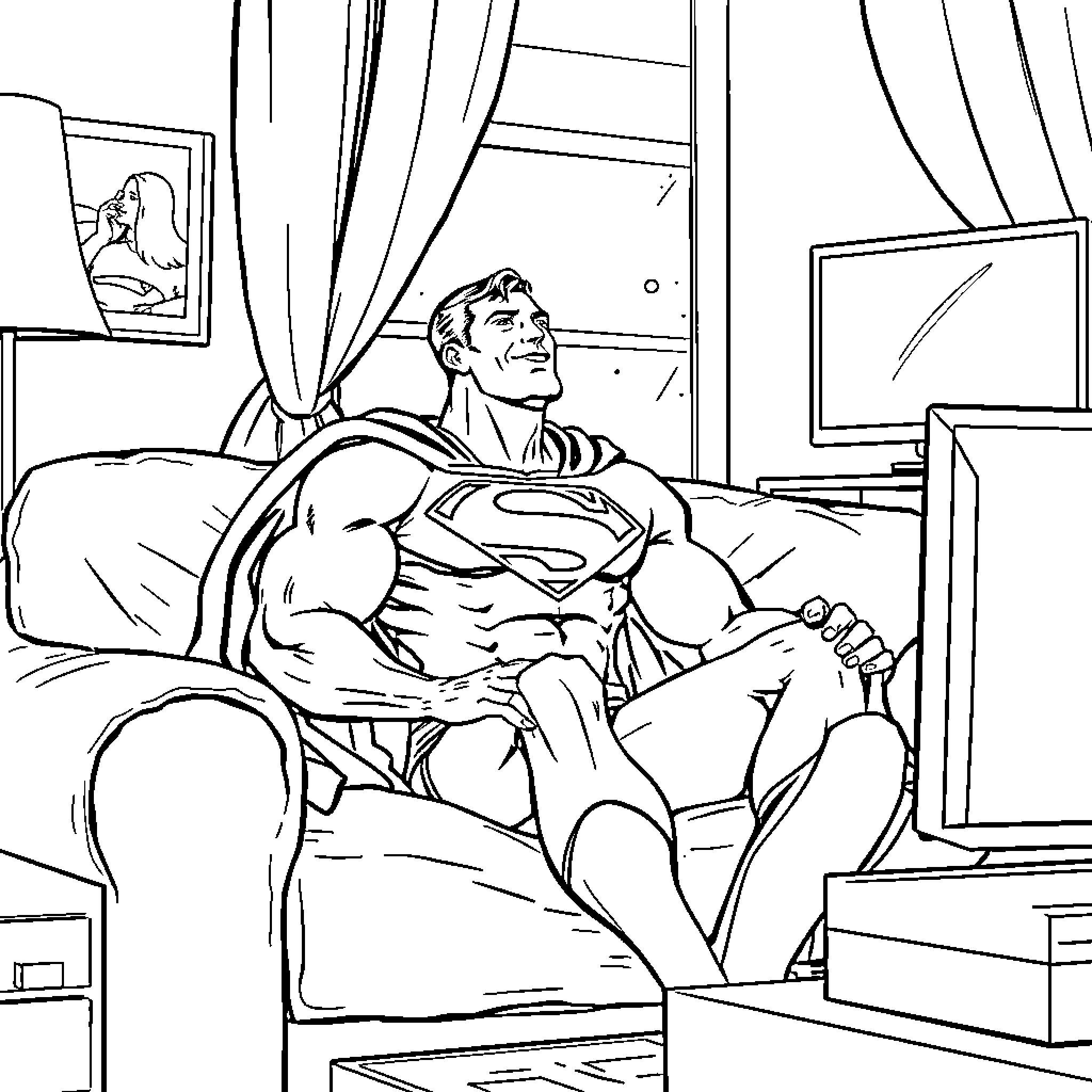 Superman relaxing in his apartment Coloring Page (free black-and-white line drawing printable PDF for all, from beginners to advanced learners, including children, teens, adults, and seniors)