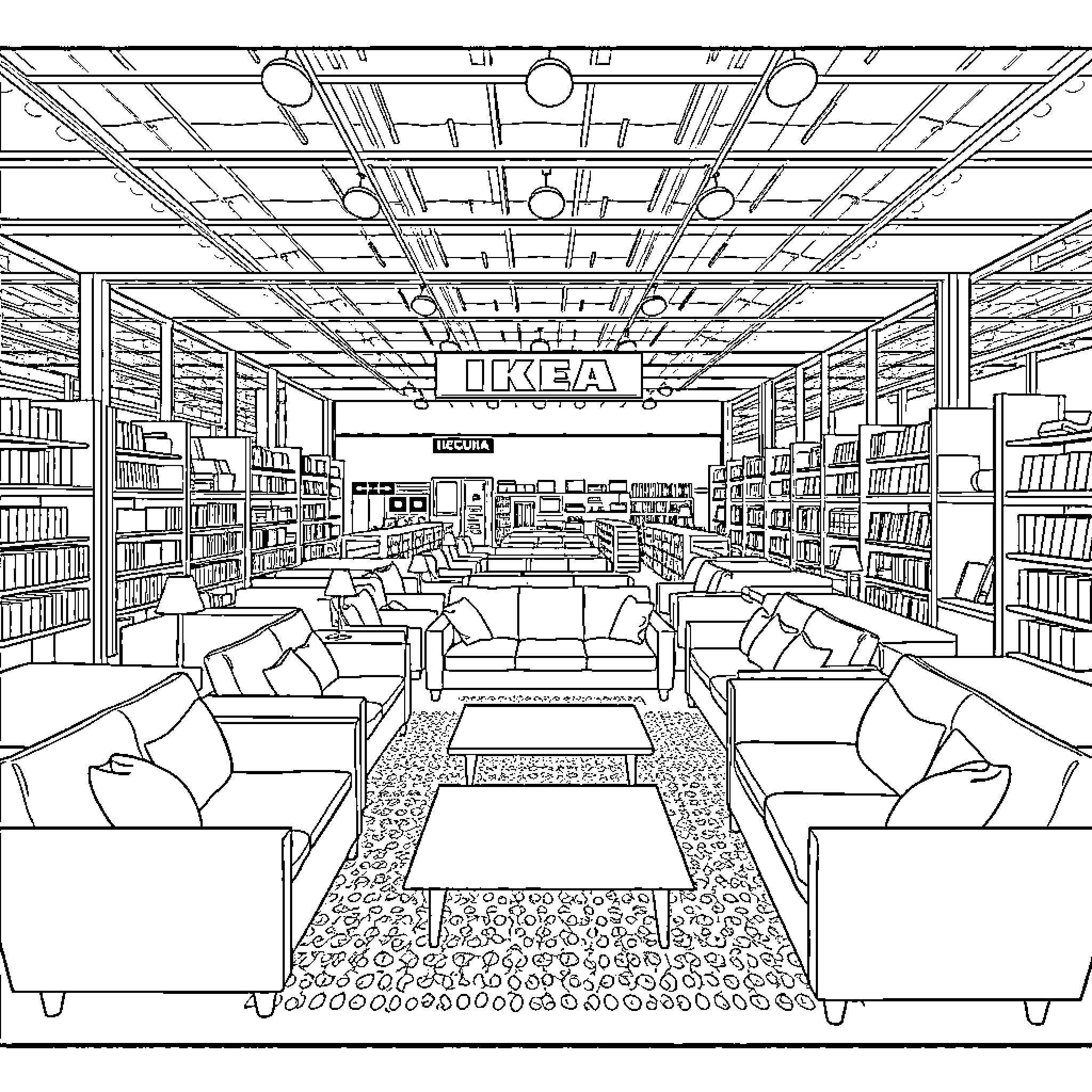Sofa showroom in a furniture store Coloring Page (free black-and-white line drawing printable PDF for all, from beginners to advanced learners, including children, teens, adults, and seniors)