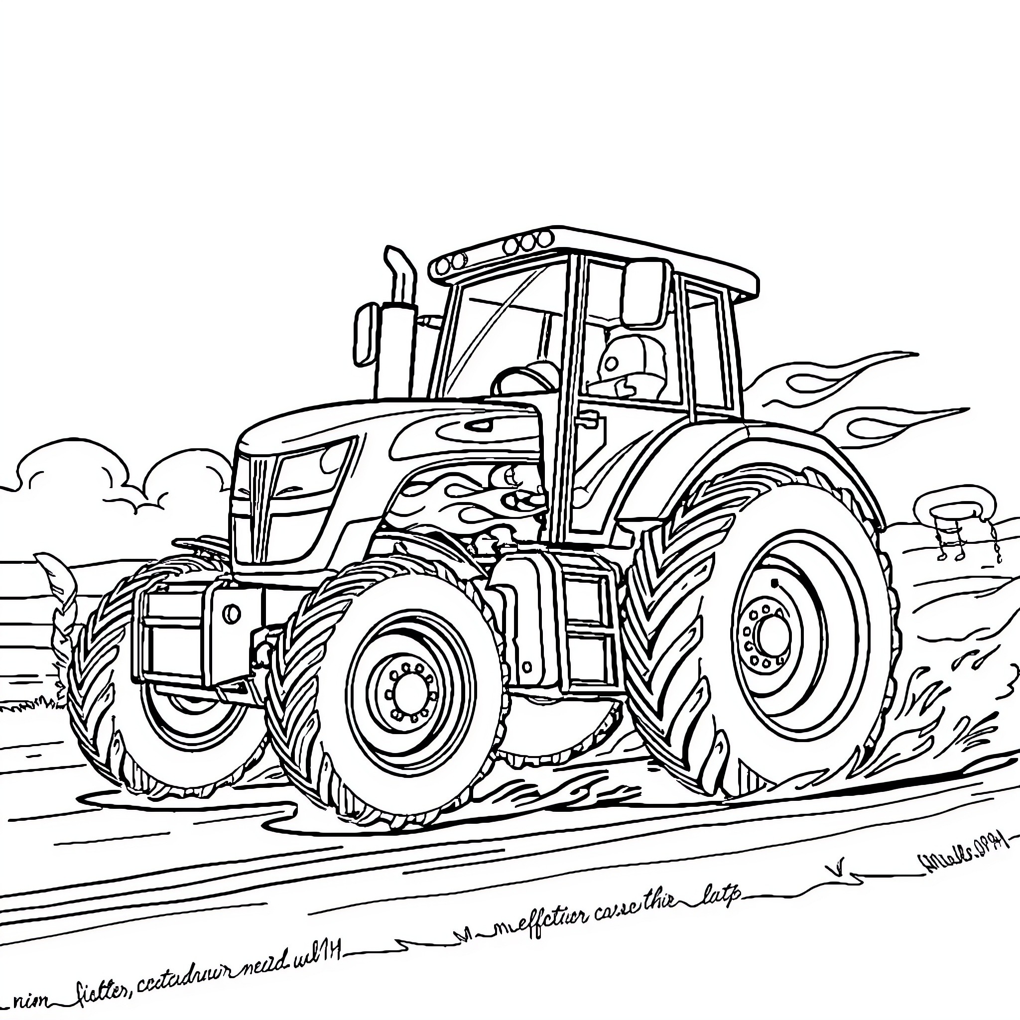 Tractor plowing through the countryside Coloring Page (free black-and-white line drawing printable PDF for all, from beginners to advanced learners, including children, teens, adults, and seniors)