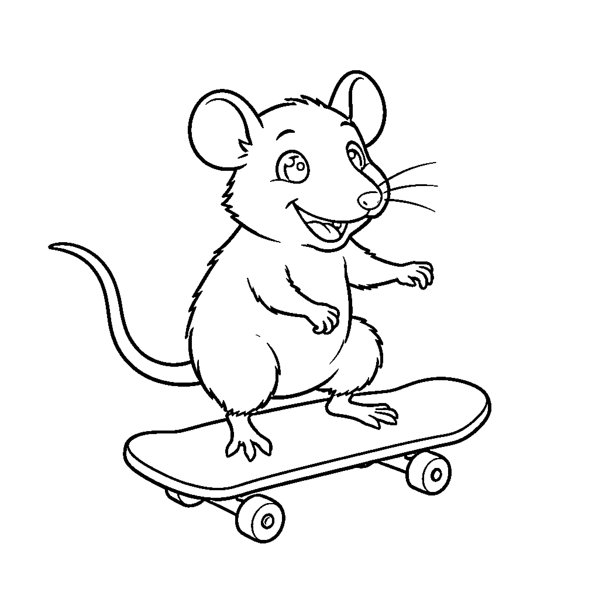 Mouse riding a skateboard happily Coloring Page (free black-and-white line drawing printable PDF for all, from beginners to advanced learners, including children, teens, adults, and seniors)