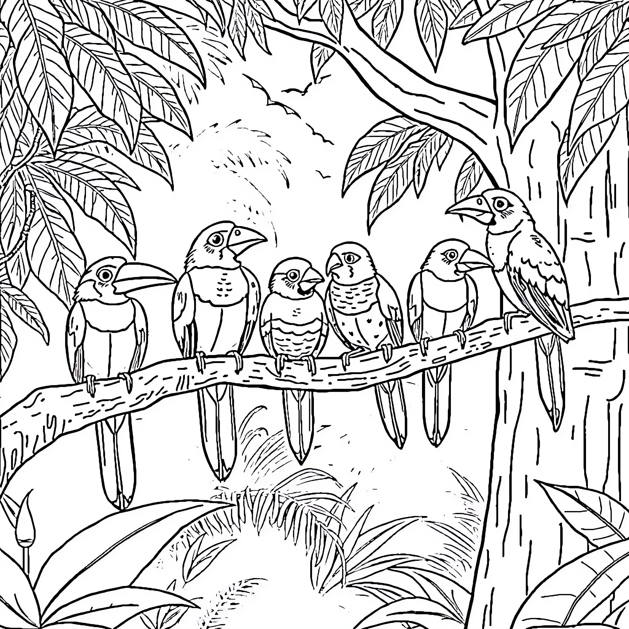 Parrot flock perched on branch in lush jungle Coloring Page (free black-and-white line drawing printable PDF for all, from beginners to advanced learners, including children, teens, adults, and seniors)