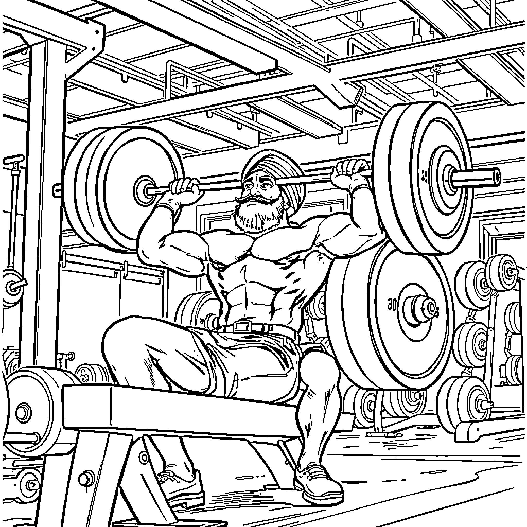 Guy lifting heavy weights in the gym Coloring Page (free black-and-white line drawing printable PDF for all, from beginners to advanced learners, including children, teens, adults, and seniors)
